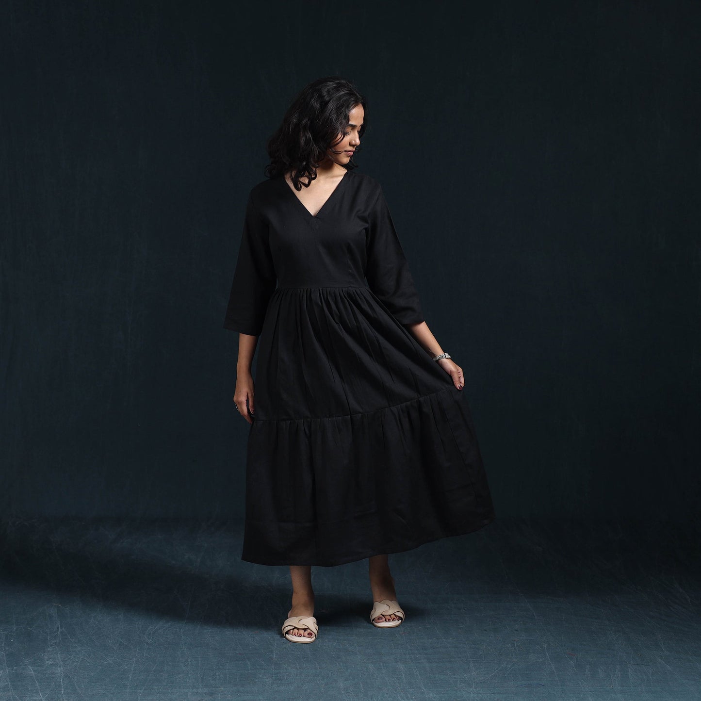 Black - flex cotton tiered plain dress 07 - handcrafted