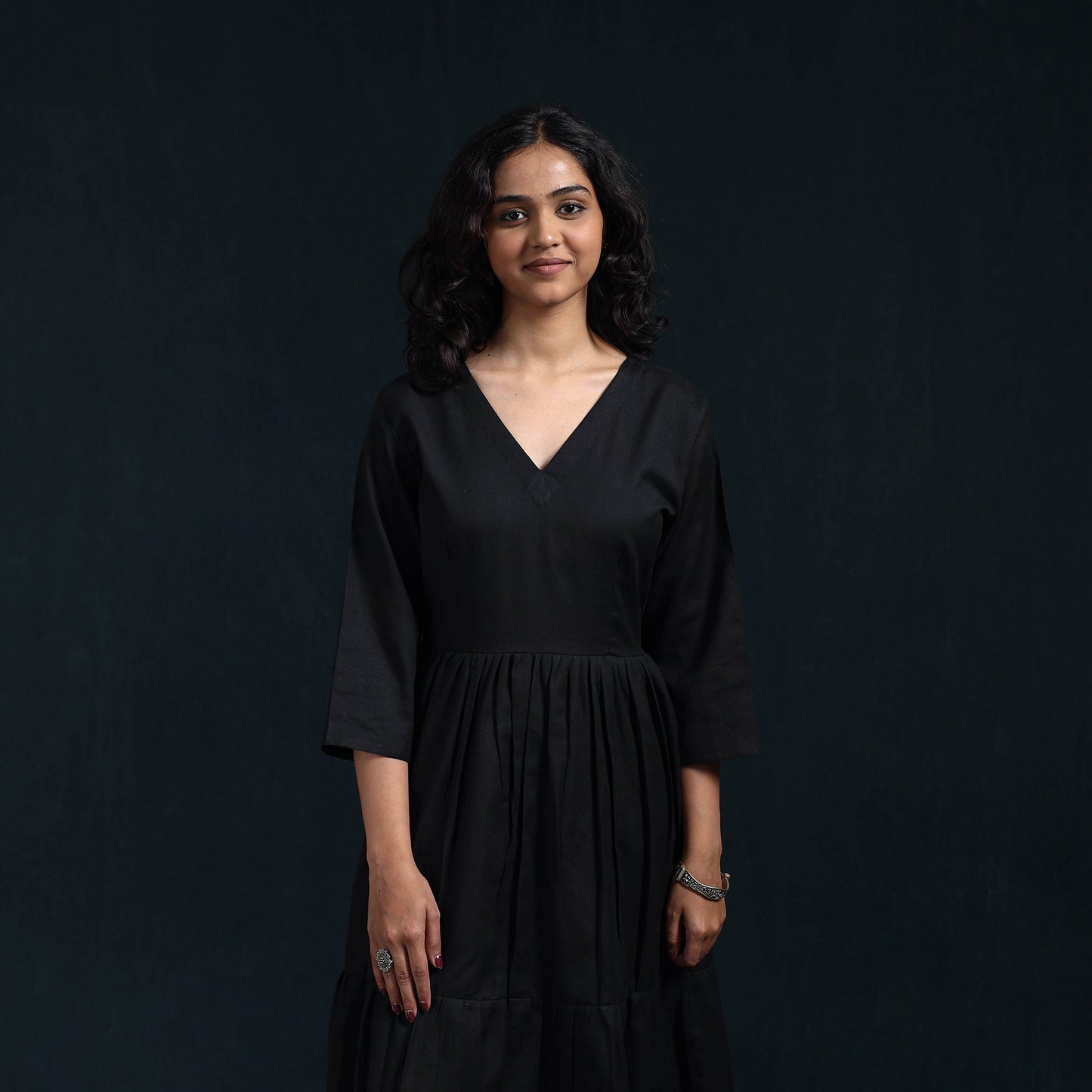 Black - flex cotton tiered plain dress 07 - handcrafted