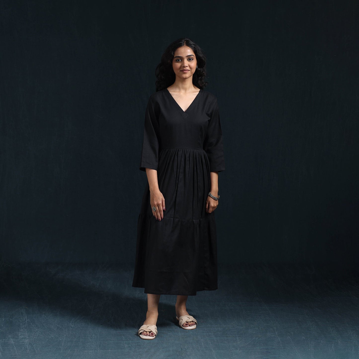 Black - flex cotton tiered plain dress 07 - handcrafted