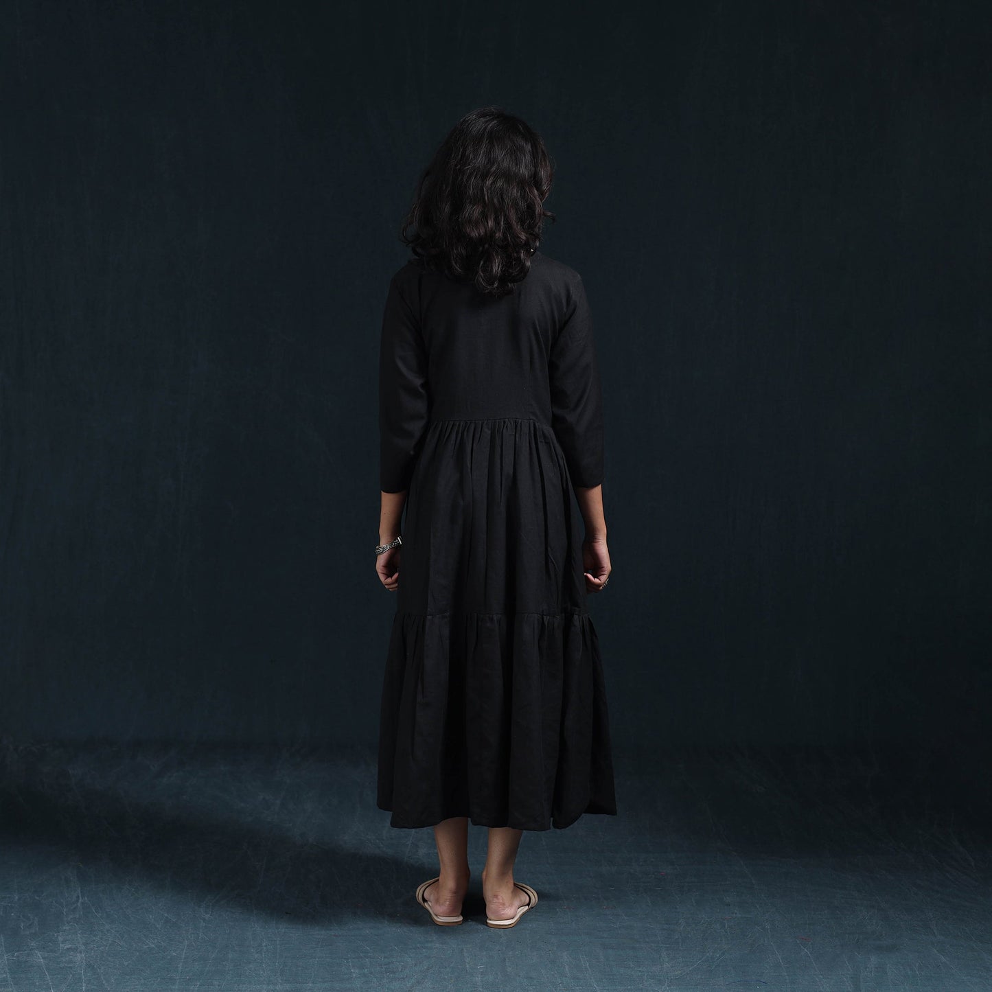 Black - flex cotton tiered plain dress 07 - handcrafted