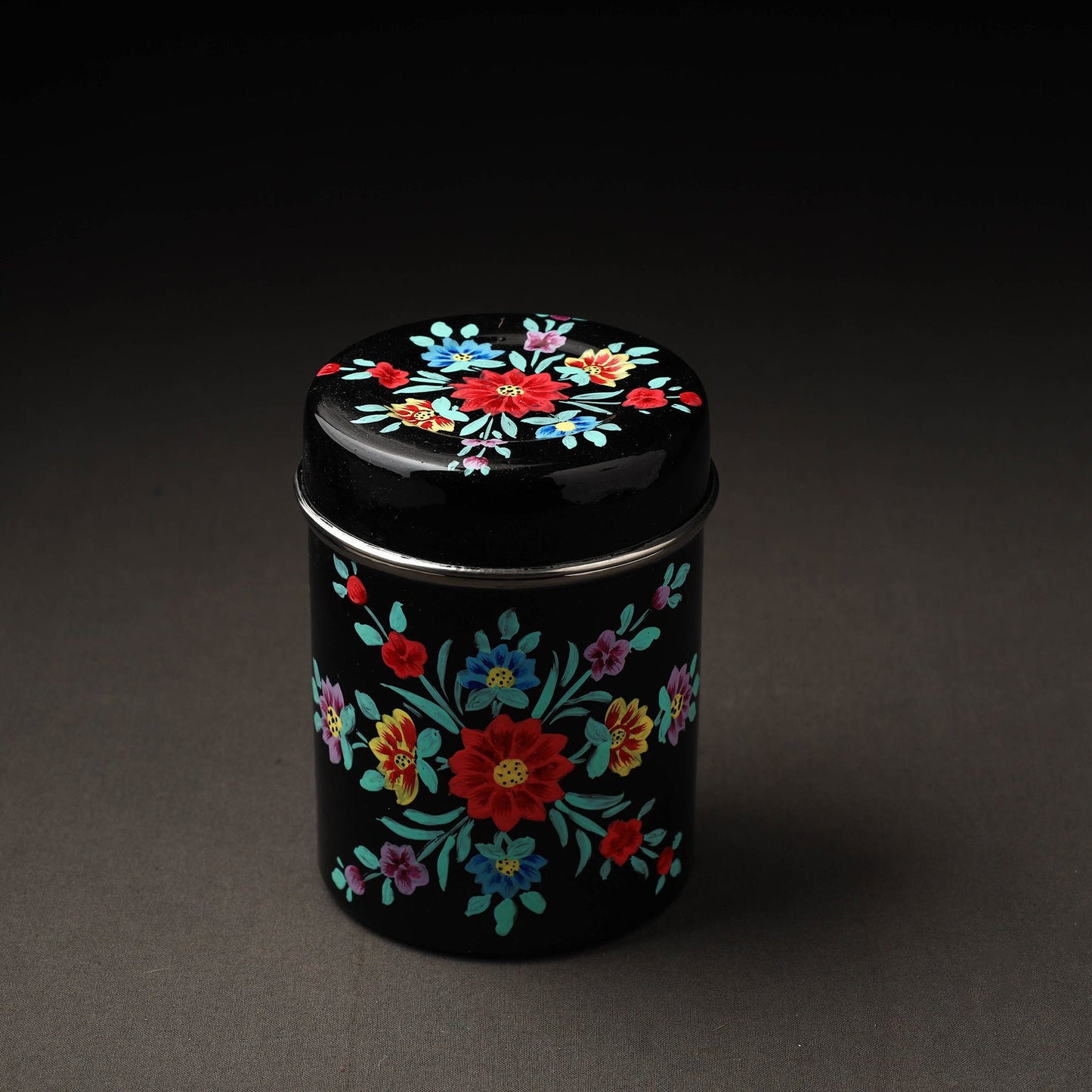 Floral Black Handpainted Enamelware Stainless Steel Container