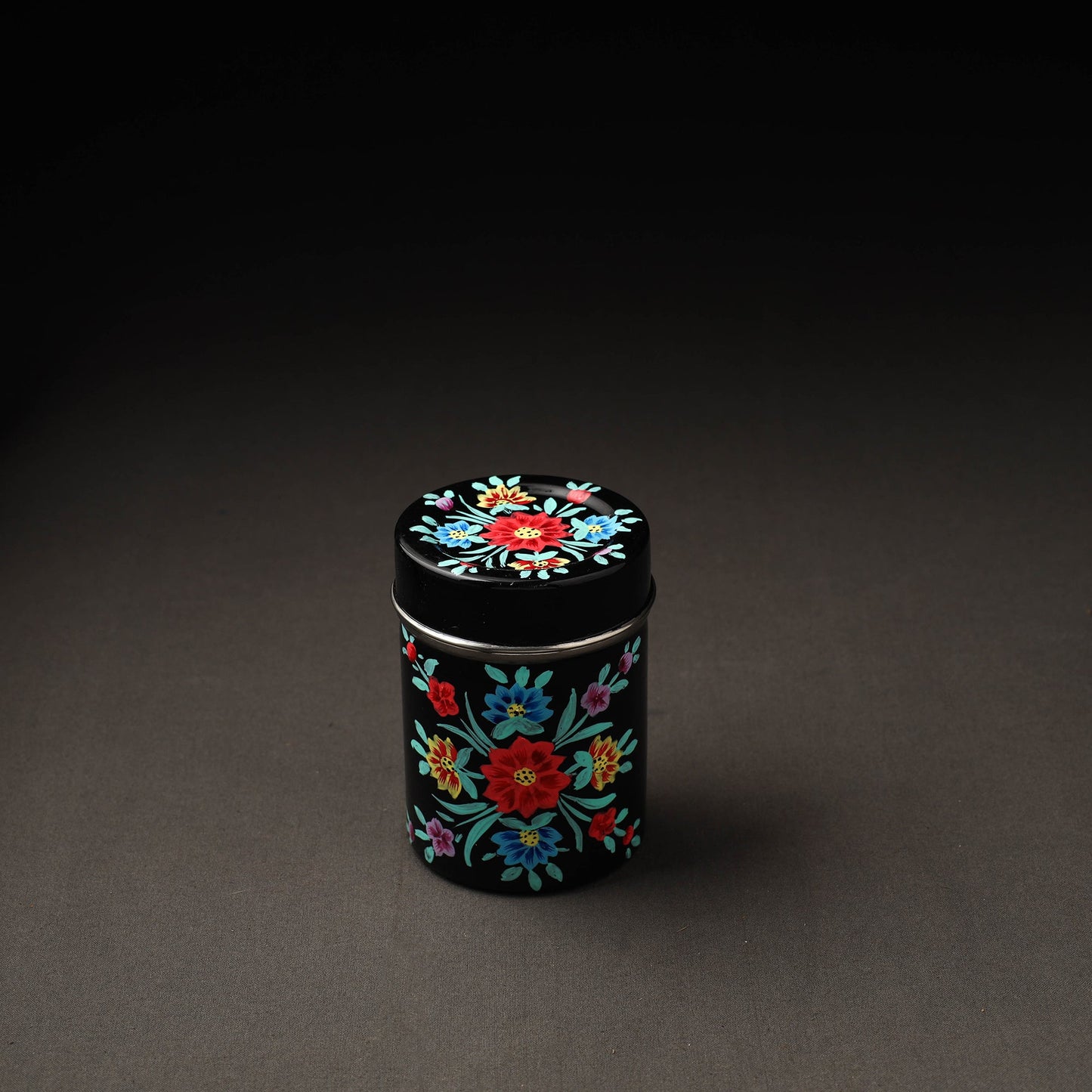 Floral Black Handpainted Enamelware Stainless Steel Container
