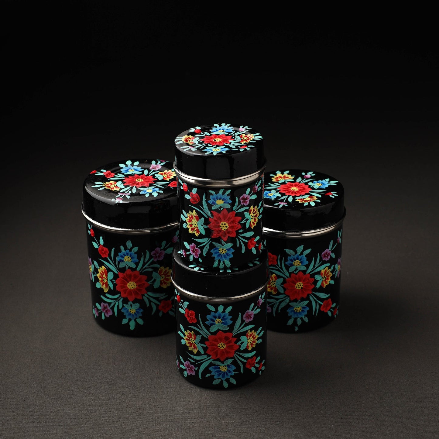 Floral Black Handpainted Enamelware Stainless Steel Container