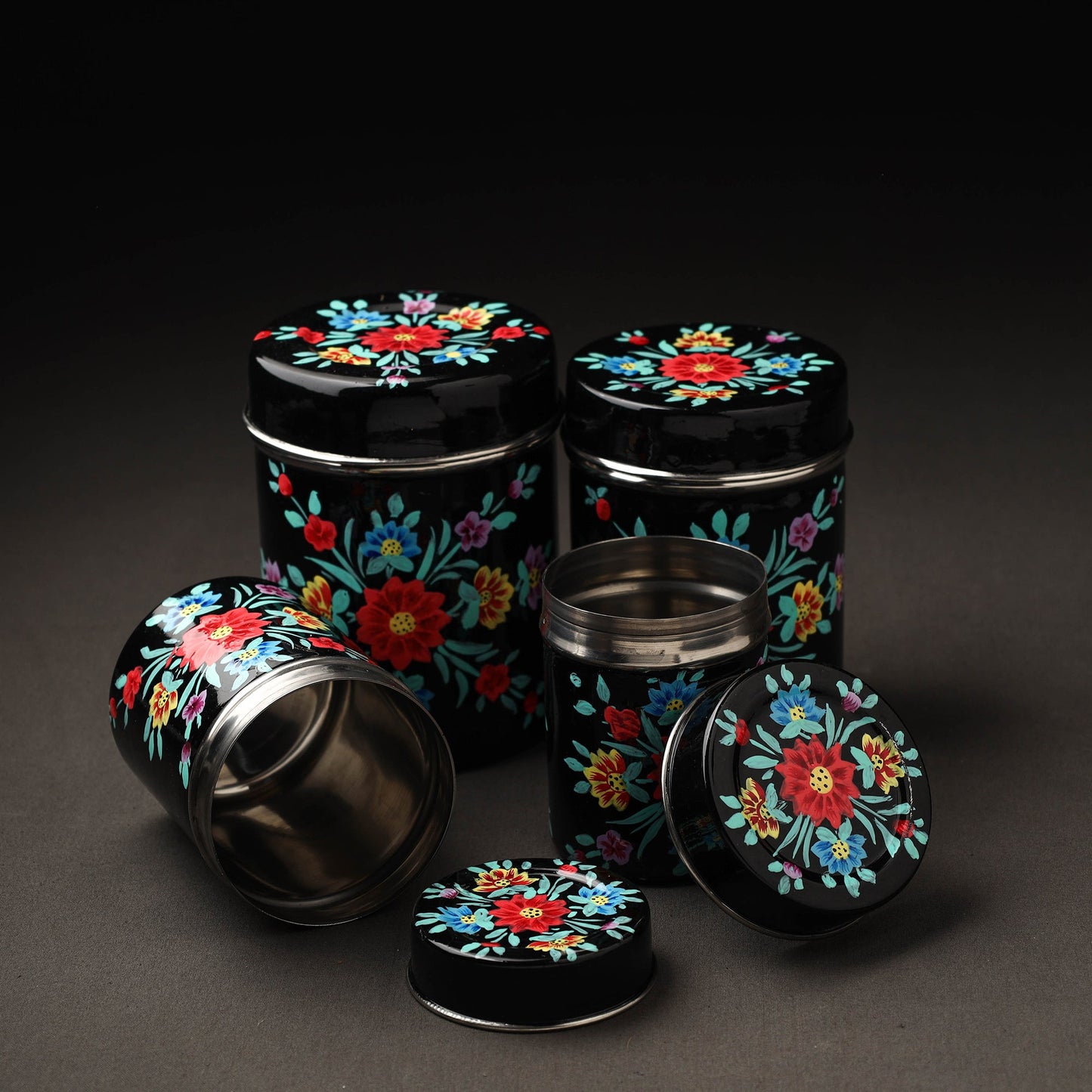 Floral Black Handpainted Enamelware Stainless Steel Container