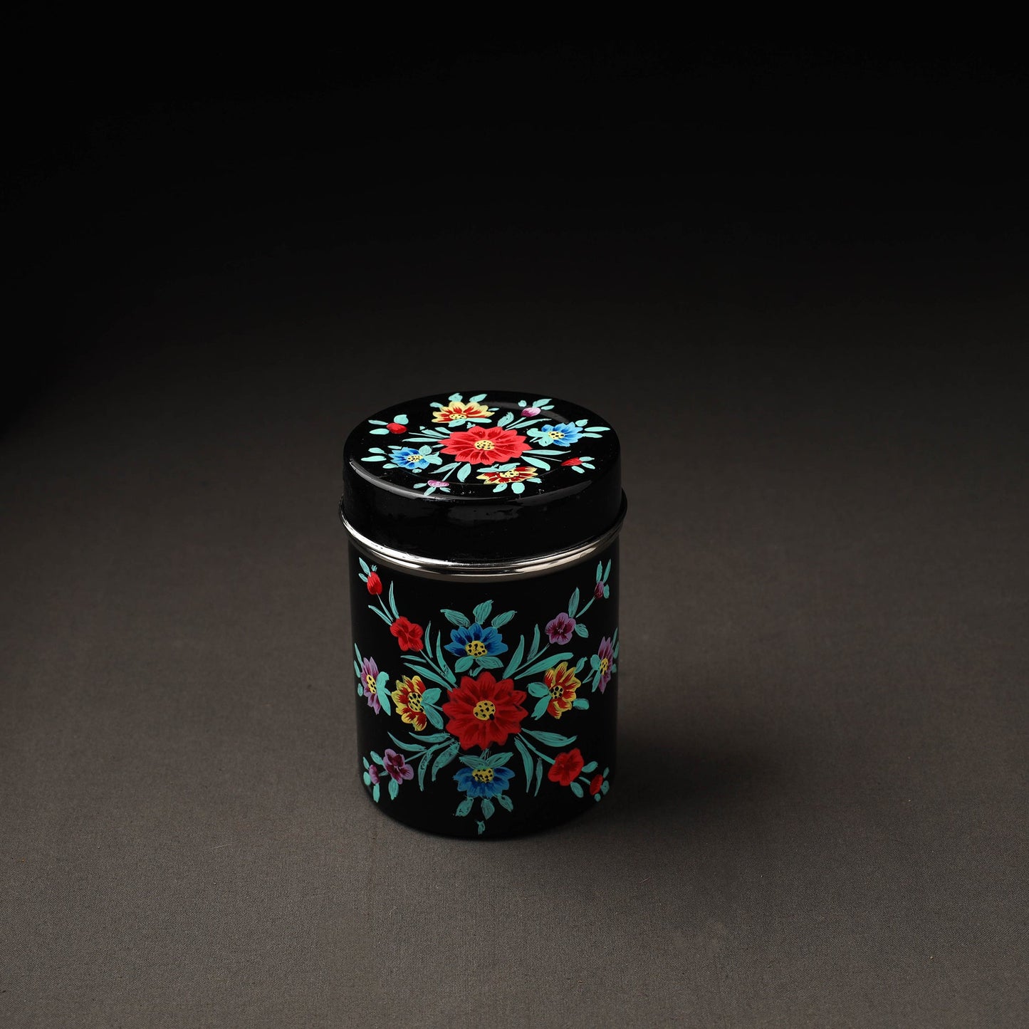 Floral Black Handpainted Enamelware Stainless Steel Container
