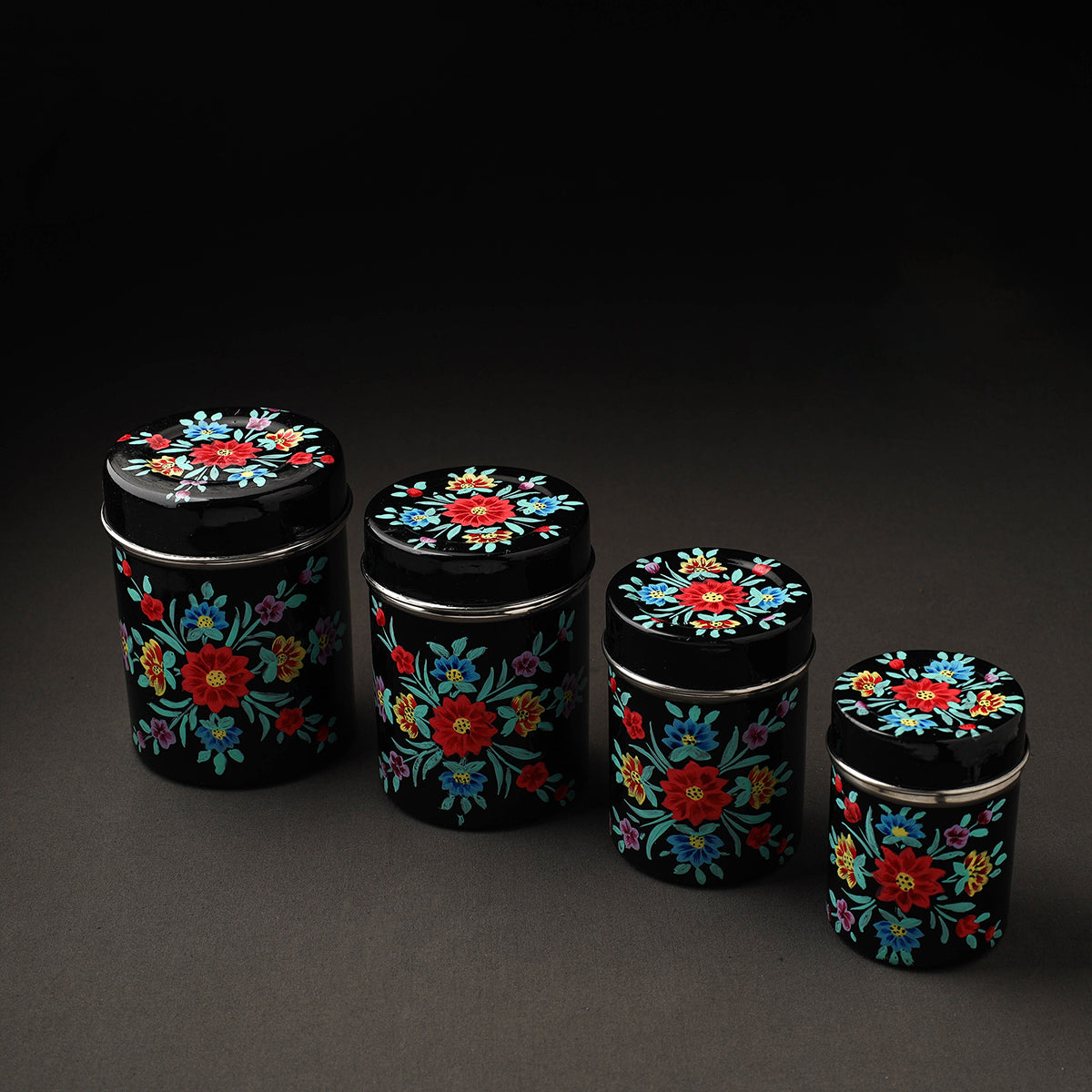 Floral Black Handpainted Enamelware Stainless Steel Container