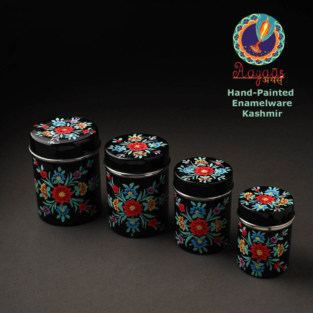 Floral Black Handpainted Enamelware Stainless Steel Container