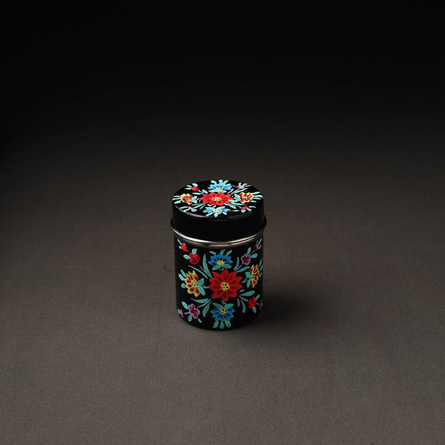 Floral Black Handpainted Enamelware Stainless Steel Container