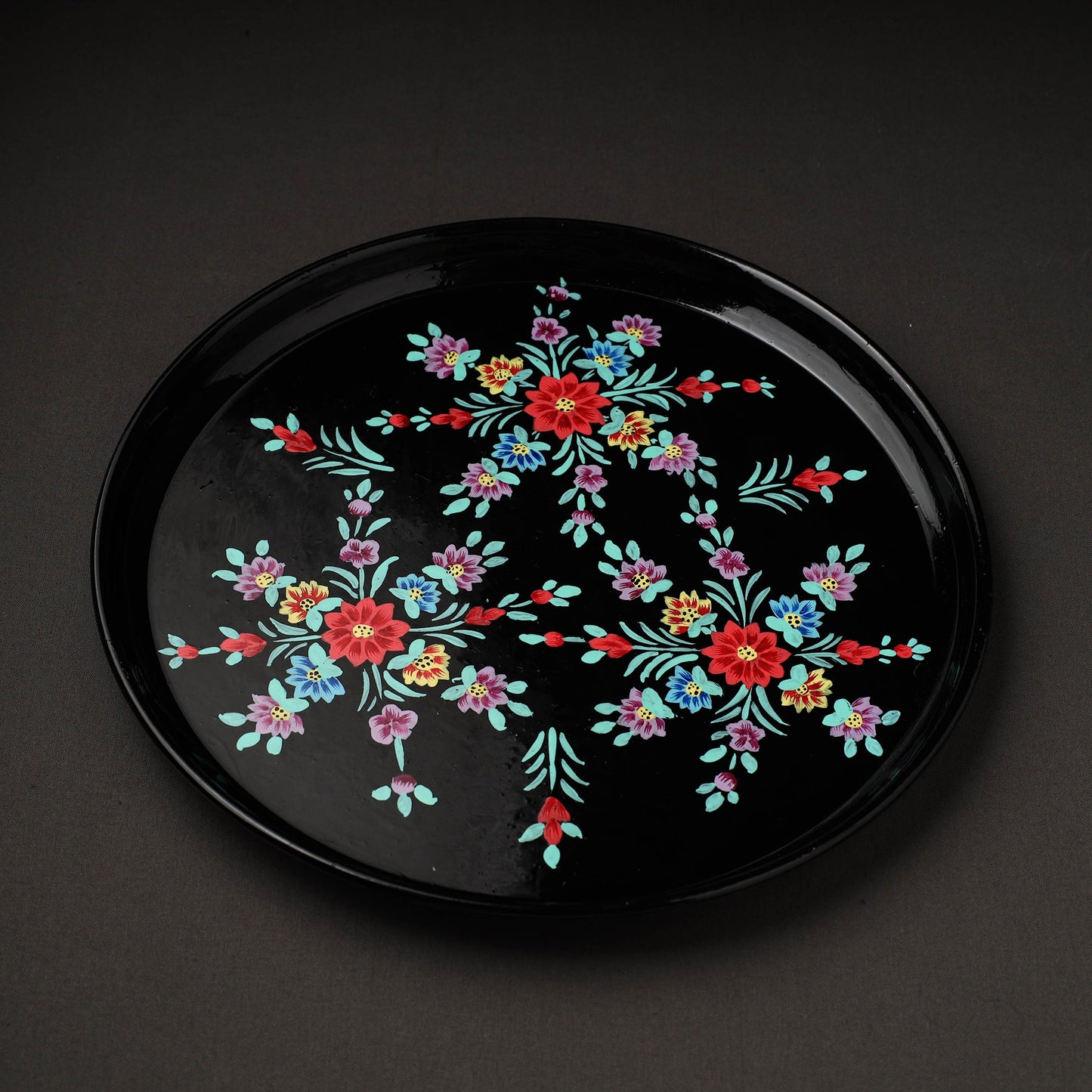 Floral Black Handpainted Enamelware Stainless Steel Plate