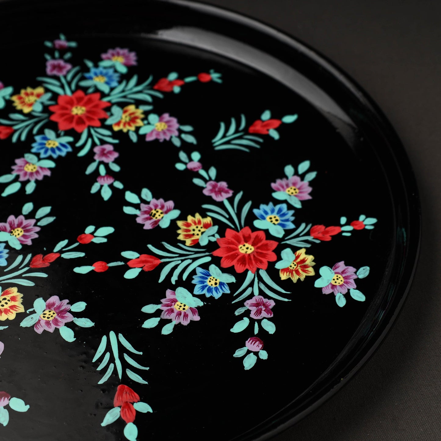Floral Black Handpainted Enamelware Stainless Steel Plate