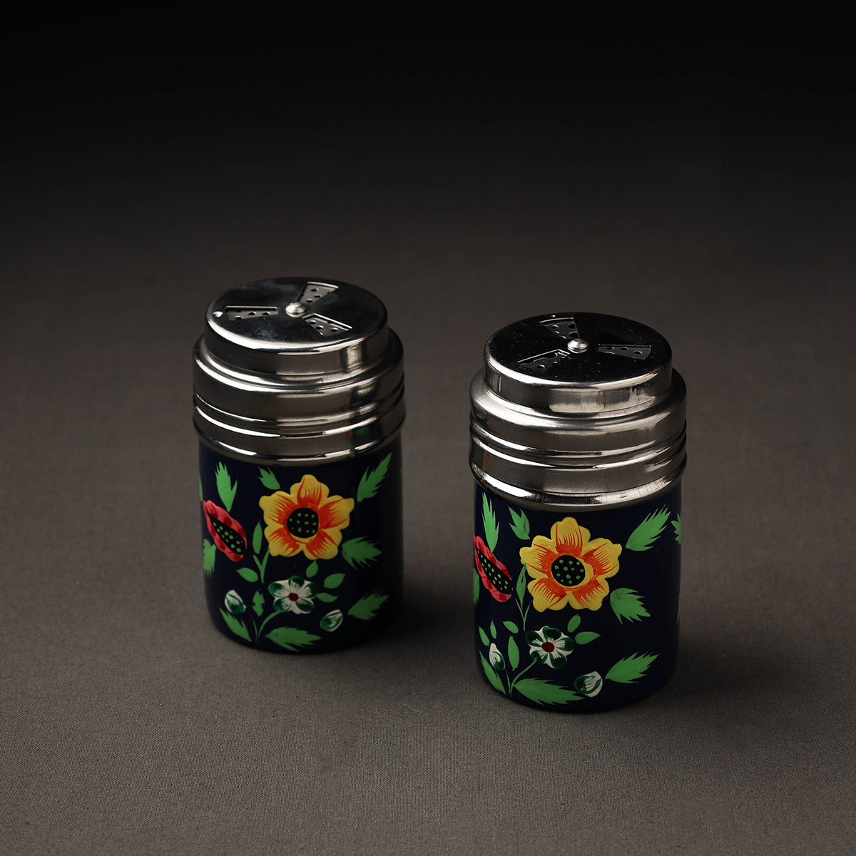 Floral Handpainted Stainless Steel Black Salt and Pepper Shaker Set