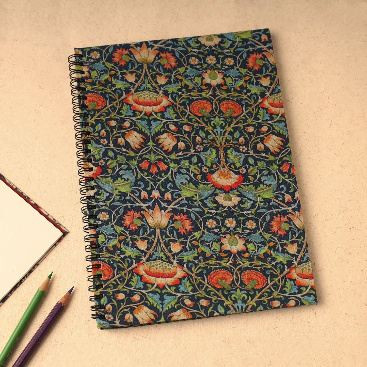 Black - floral printed handcrafted spiral notebook (10 x 7
