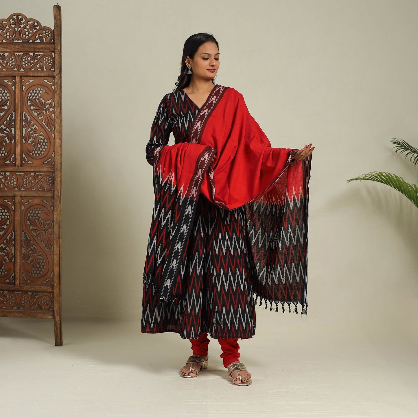 Buy Black Frock Style Cotton Pochampally Ikat Kurta Set