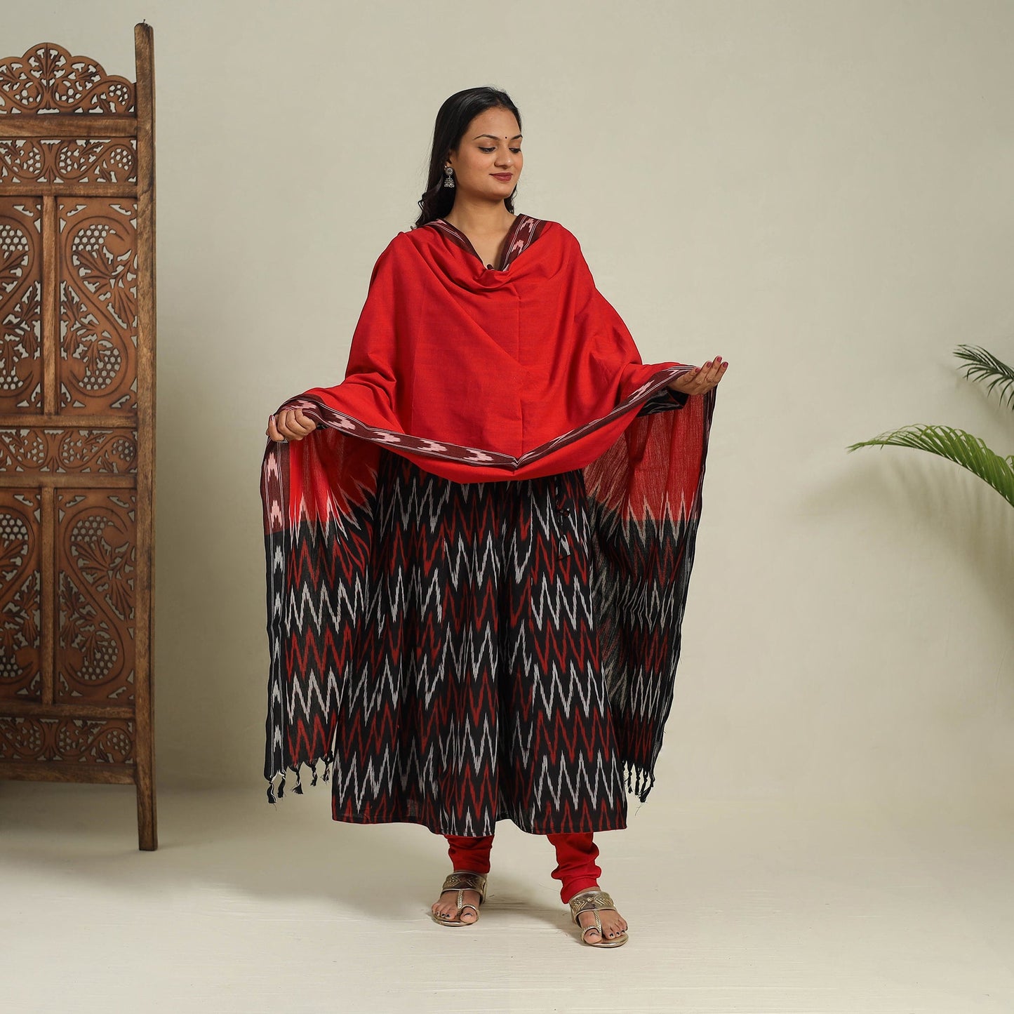 Buy Black Frock Style Cotton Pochampally Ikat Kurta Set