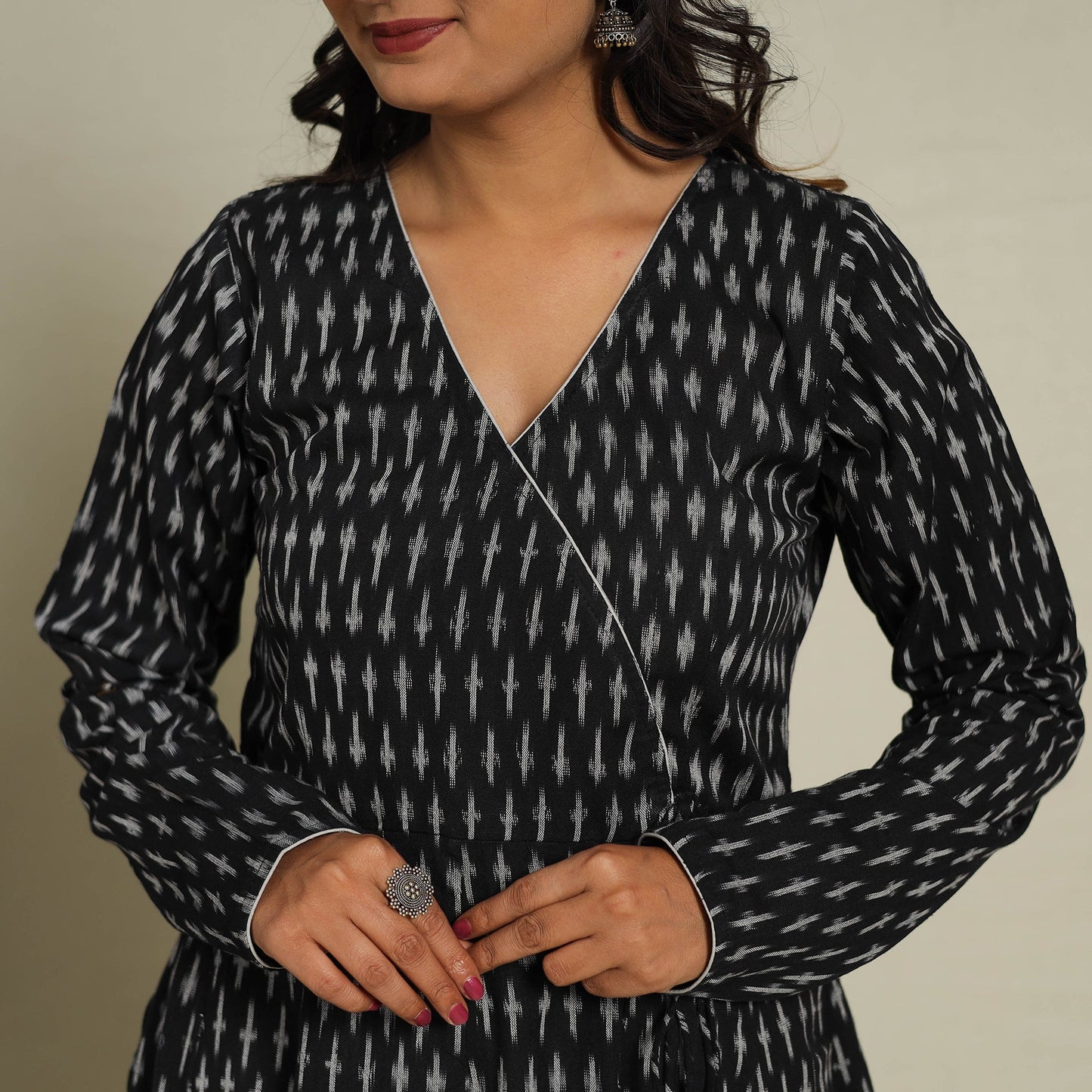 Black Frock Style Cotton Pochampally Ikat Kurta Set