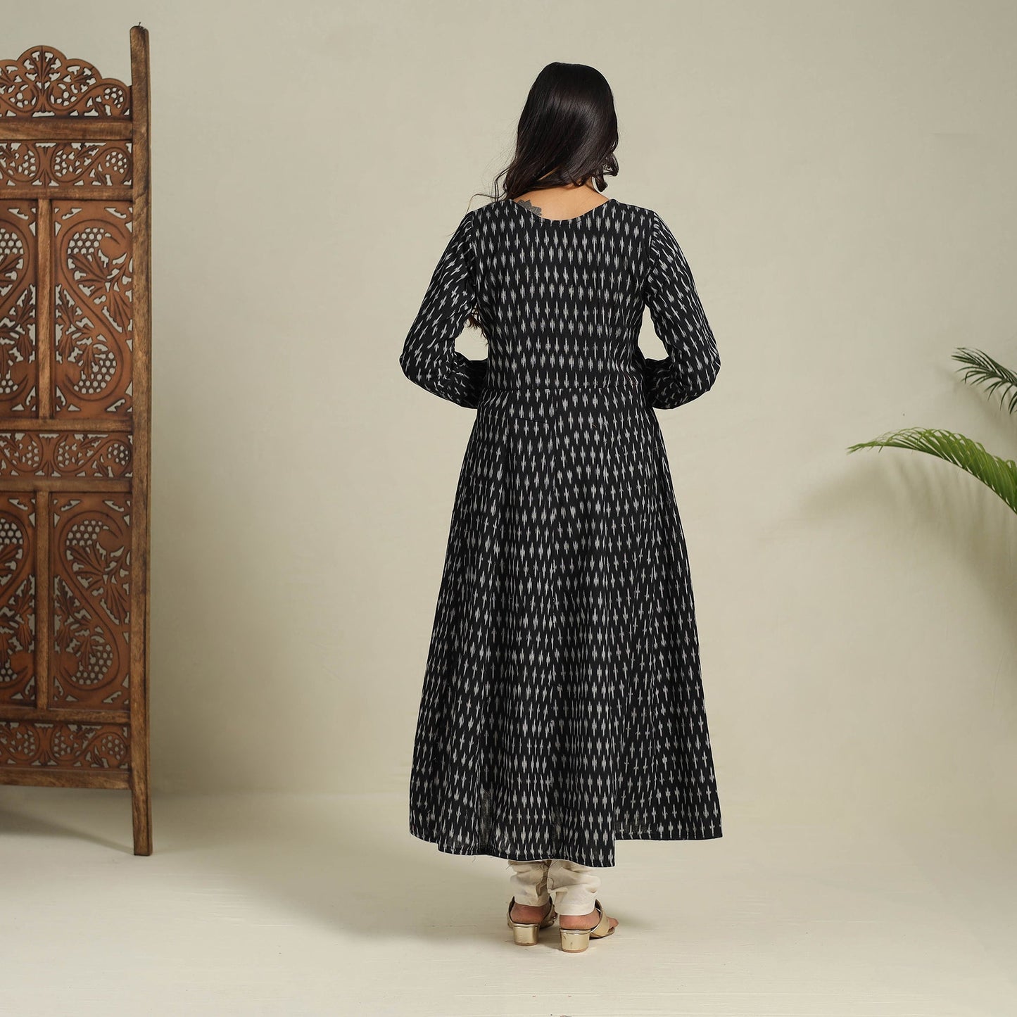 Black Frock Style Cotton Pochampally Ikat Kurta Set