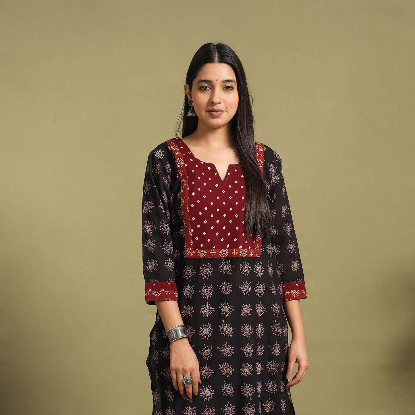 Fusion Mul Cotton Straight Black Ajrakh Kurta for Women