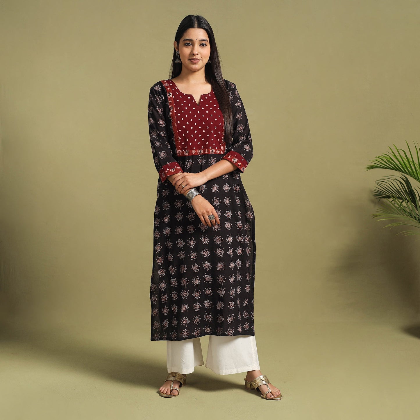 Fusion Mul Cotton Straight Black Ajrakh Kurta for Women