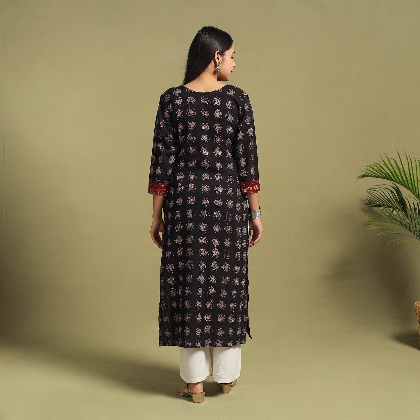 Fusion Mul Cotton Straight Black Ajrakh Kurta for Women
