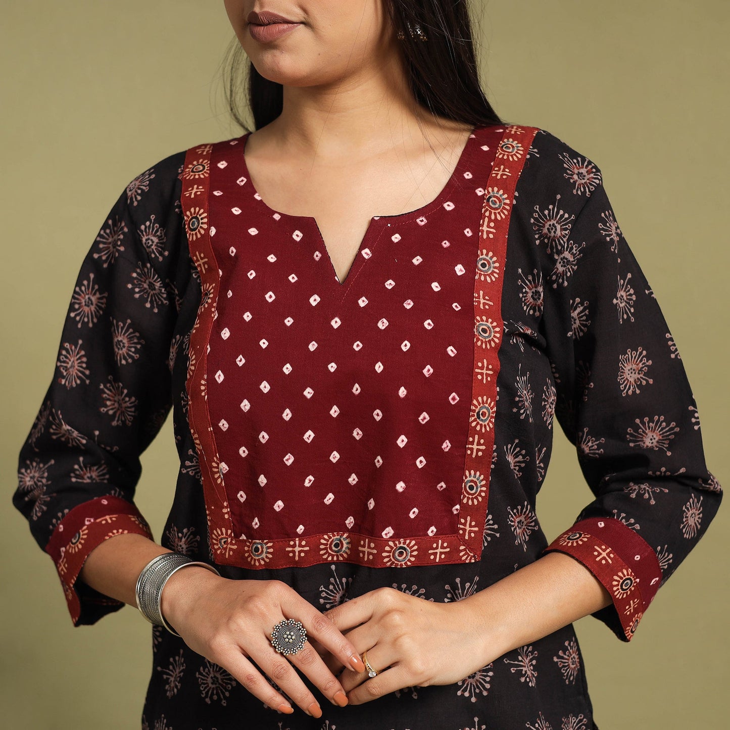 Fusion Mul Cotton Straight Black Ajrakh Kurta for Women