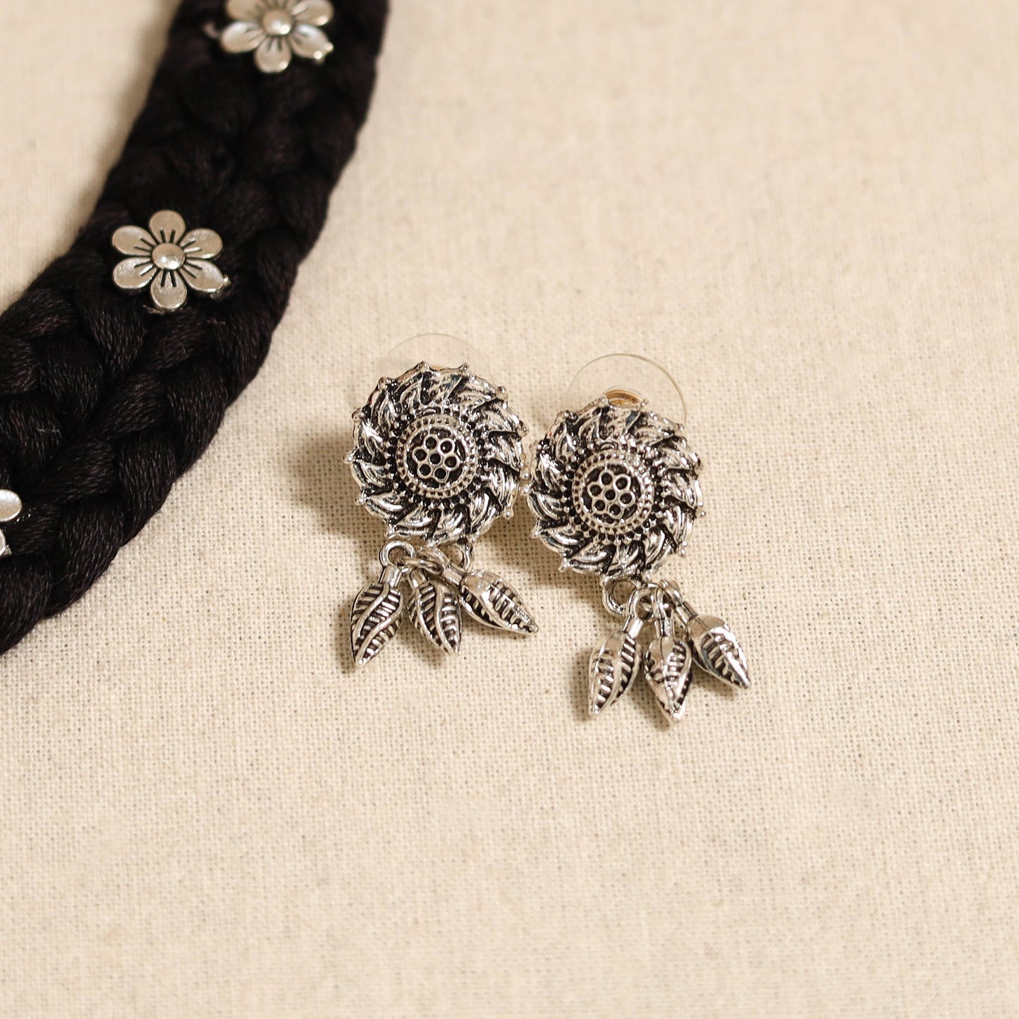 Black - german silver thread braided necklace set 39