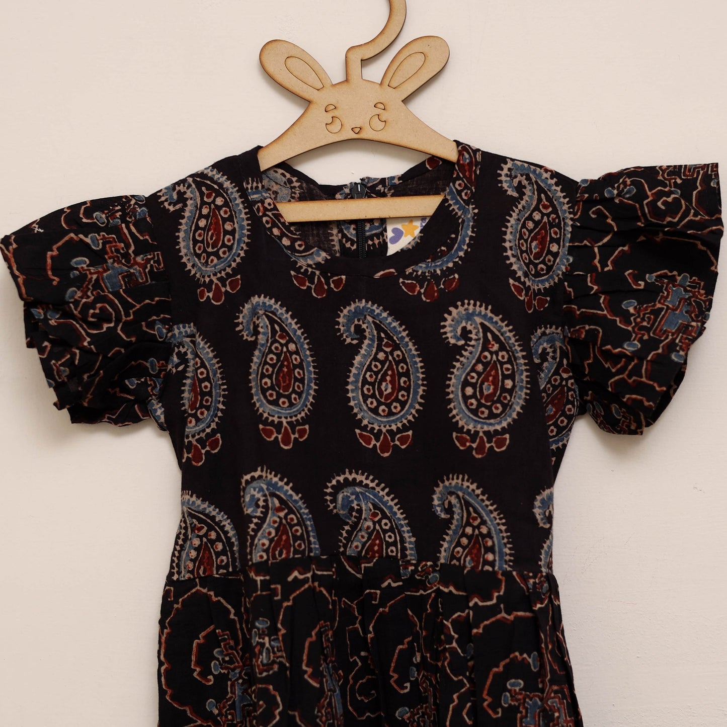 Black - girls pure cotton ajrakh hand block print frock
