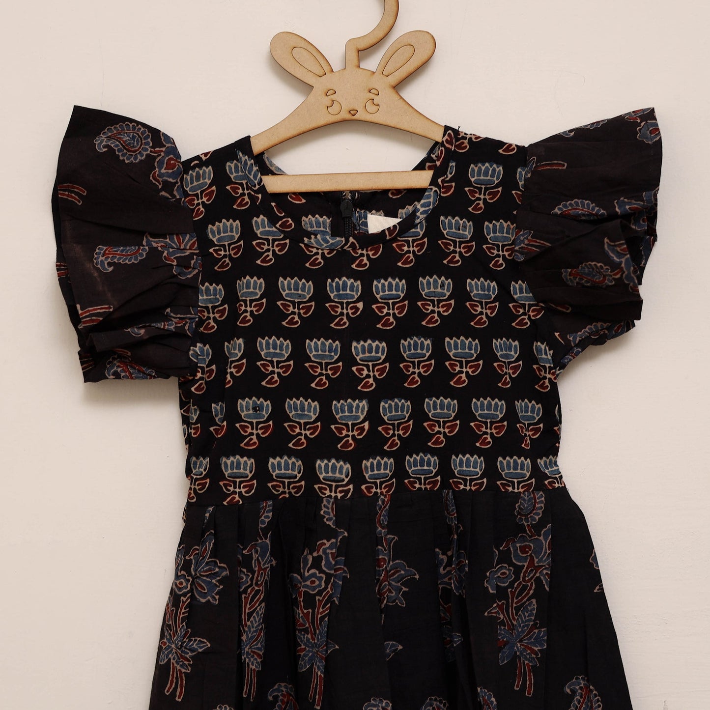 Black - girls pure cotton ajrakh hand block print frock