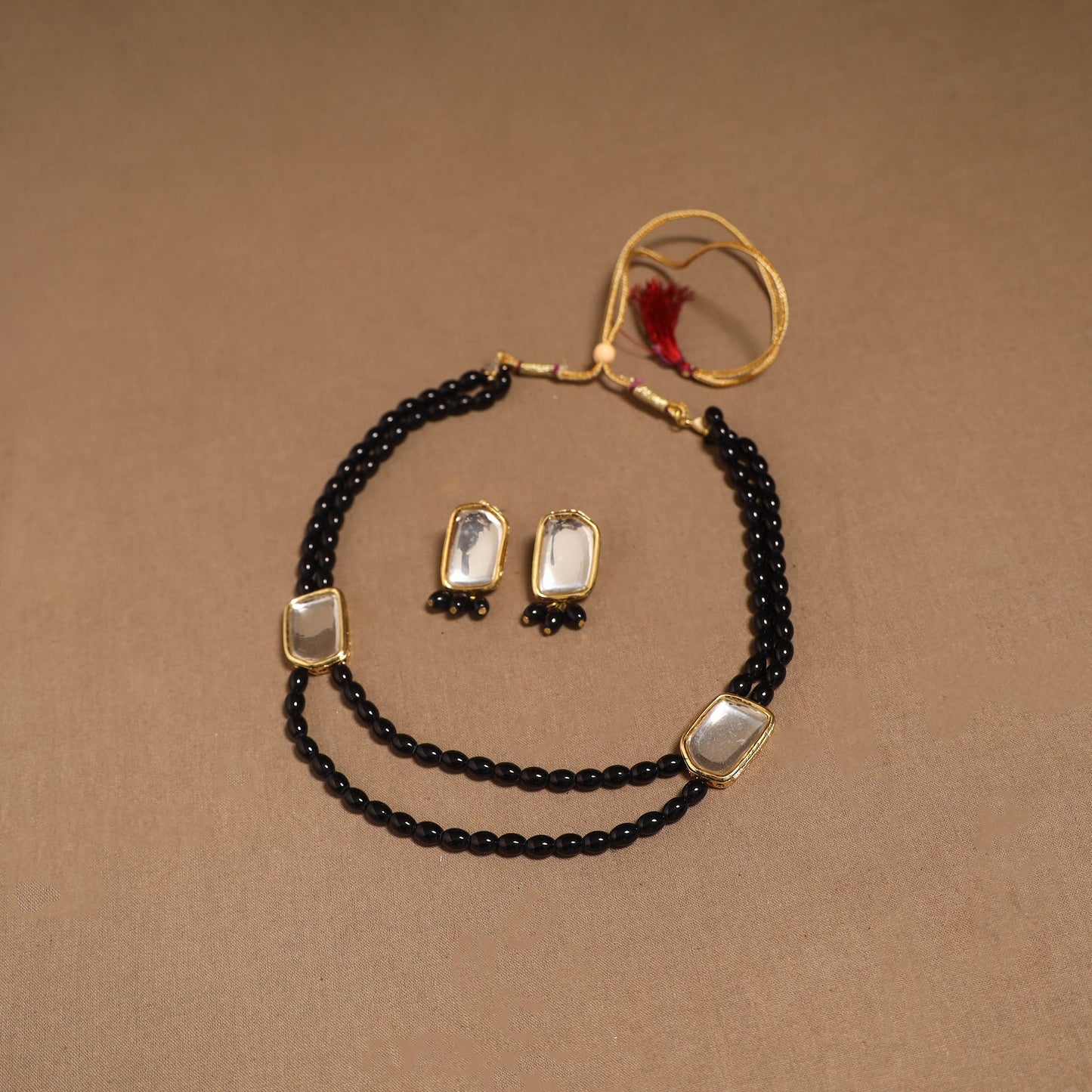 Glass beads kundan work necklace set 65 - handcrafted