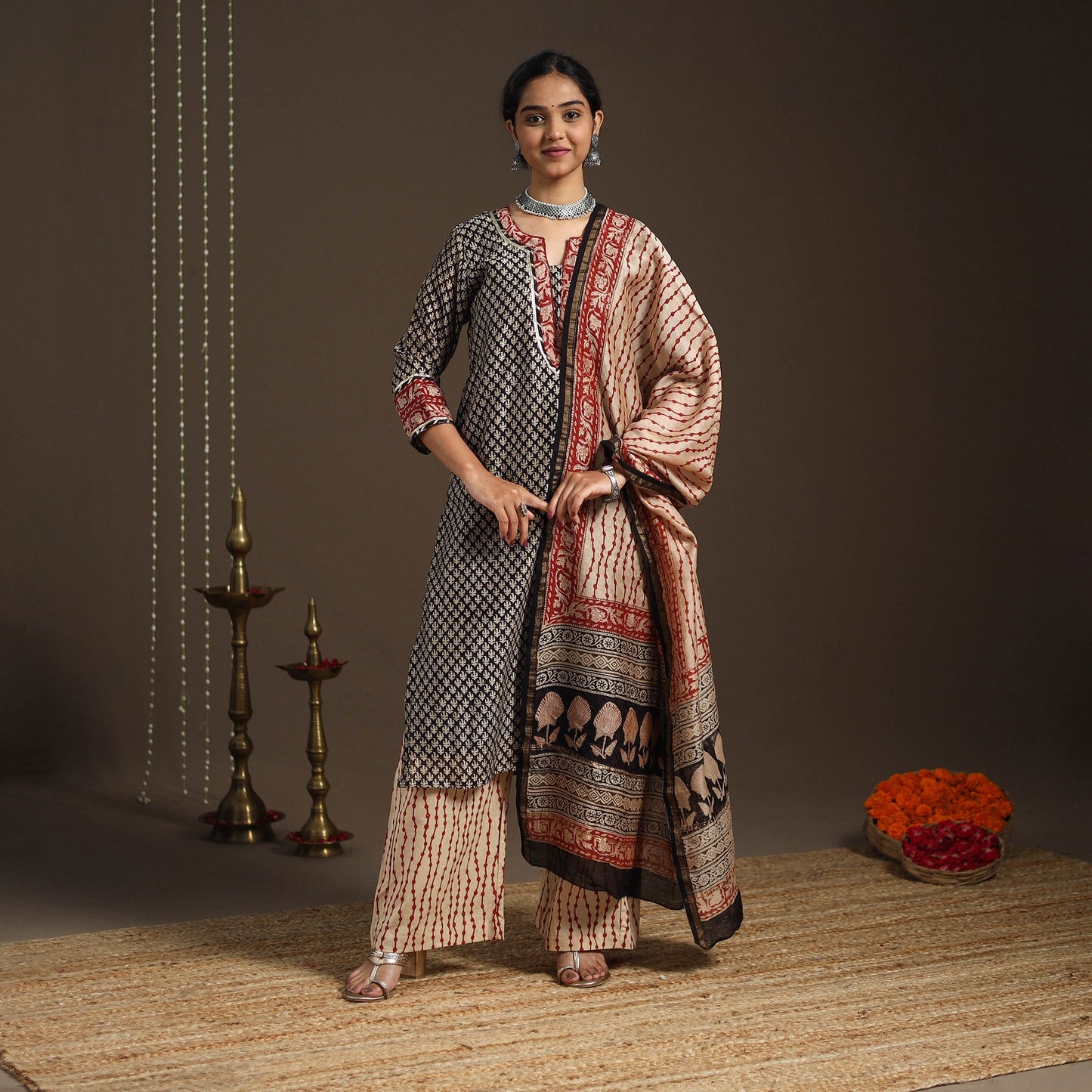 Black - gota work chanderi silk bagru kurta set (set of 3)