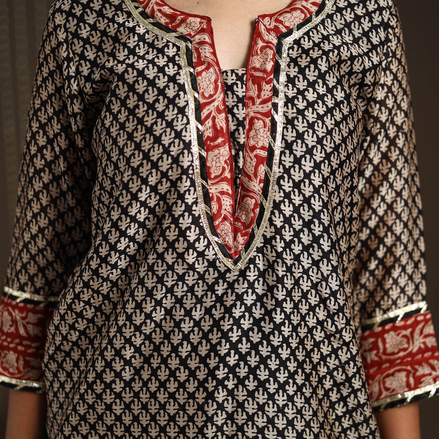 Black - gota work chanderi silk bagru kurta set (set of 3)