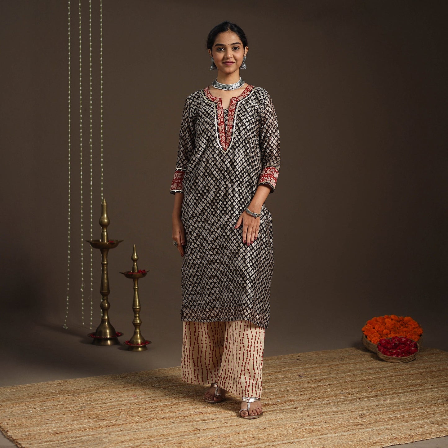 Black - gota work chanderi silk bagru kurta set (set of 3)