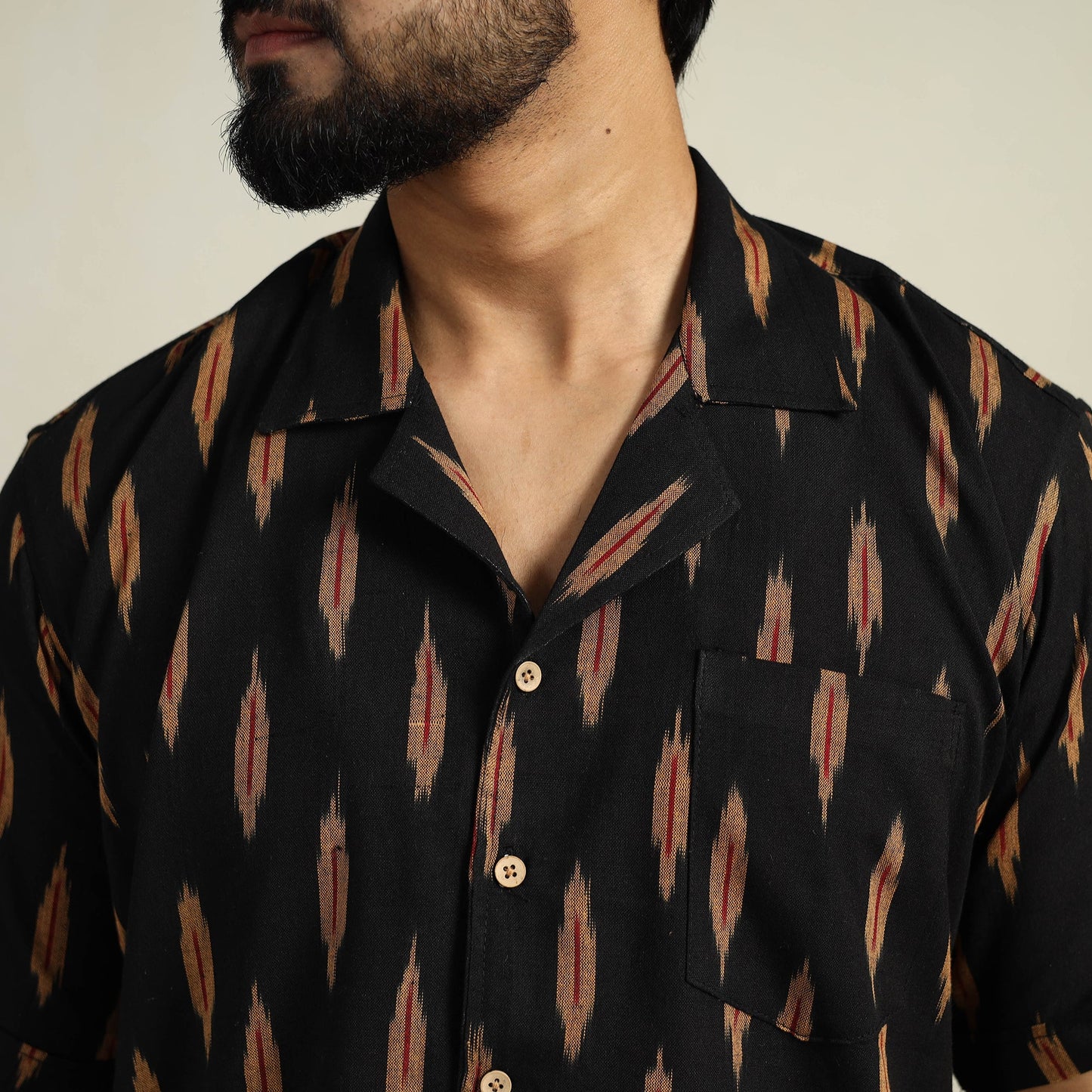 Black Half Sleeve Men Cotton Pochampally Ikat Shirt
