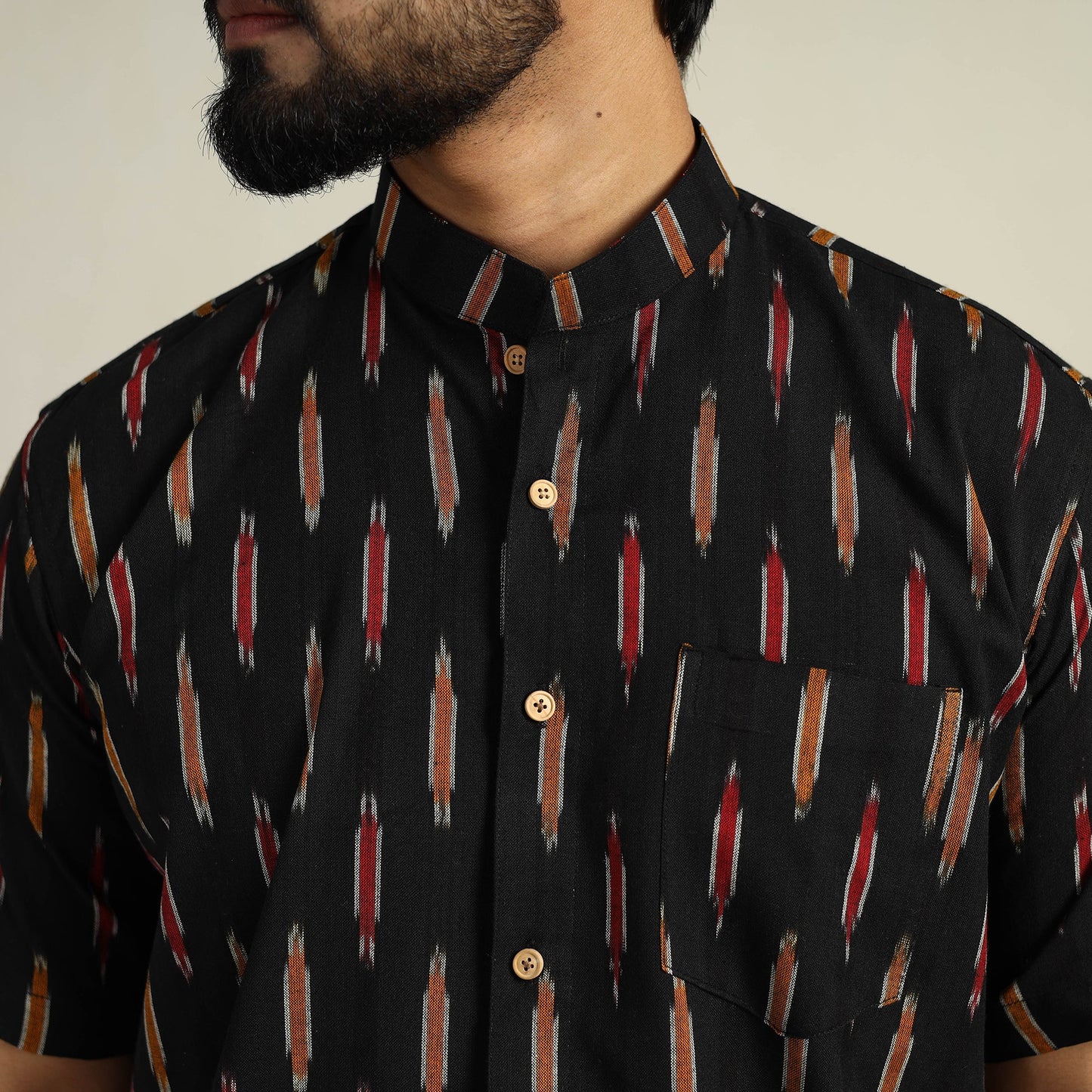 Black Half Sleeve Men Cotton Pochampally Ikat Shirt