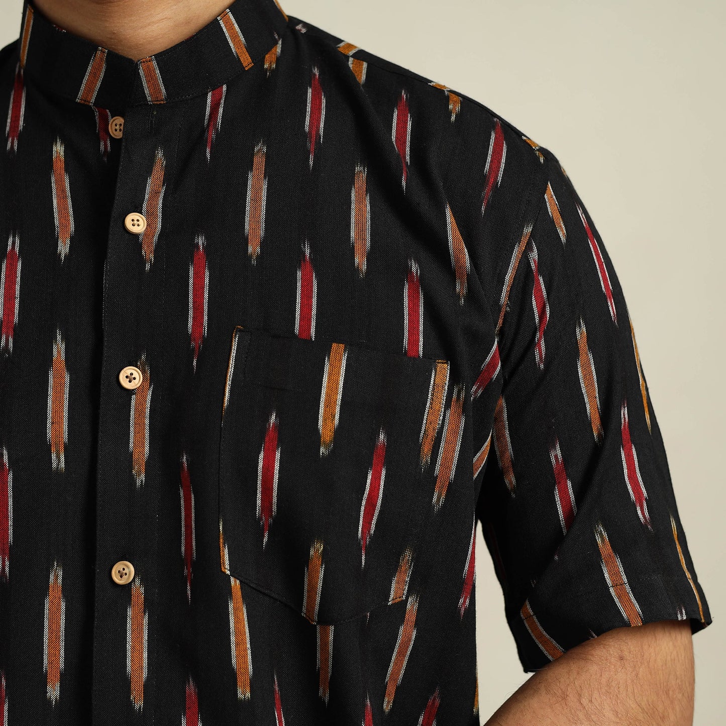 Black Half Sleeve Men Cotton Pochampally Ikat Shirt