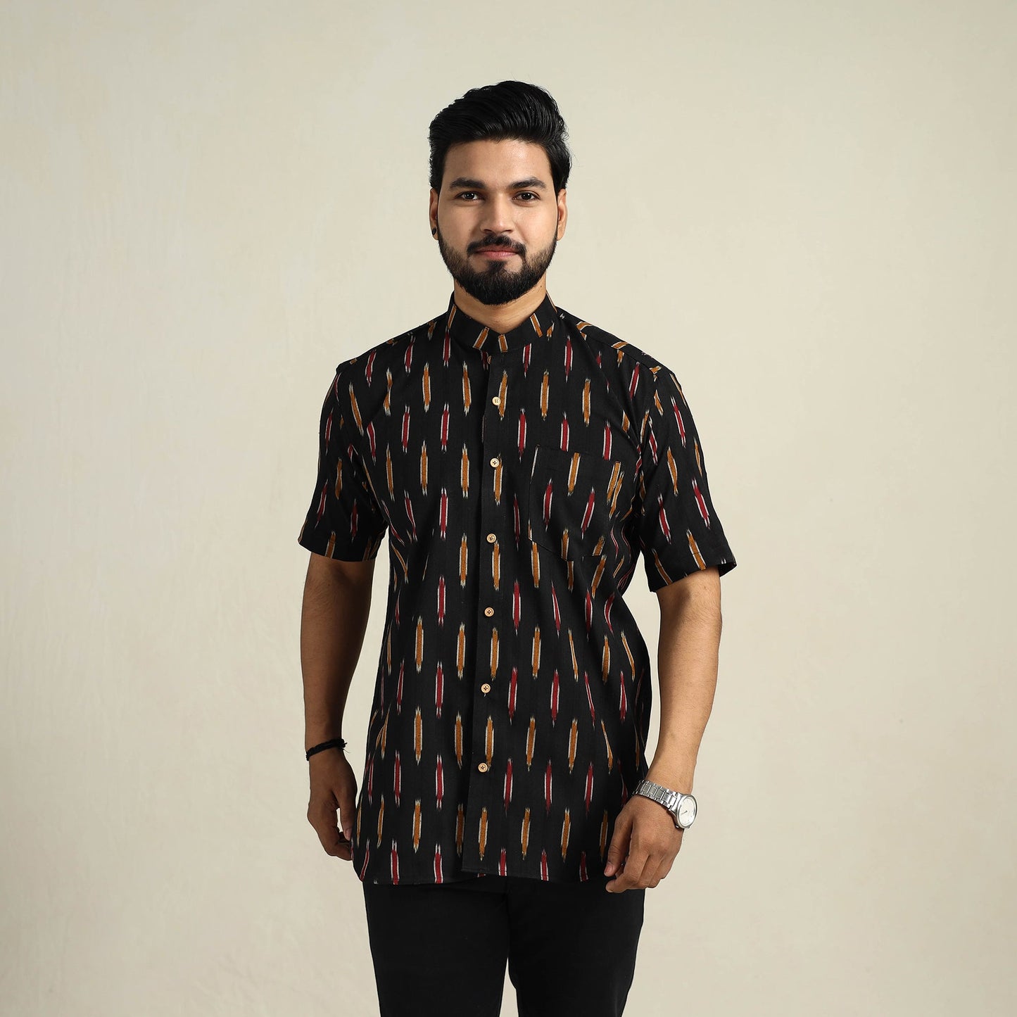 Black Half Sleeve Men Cotton Pochampally Ikat Shirt