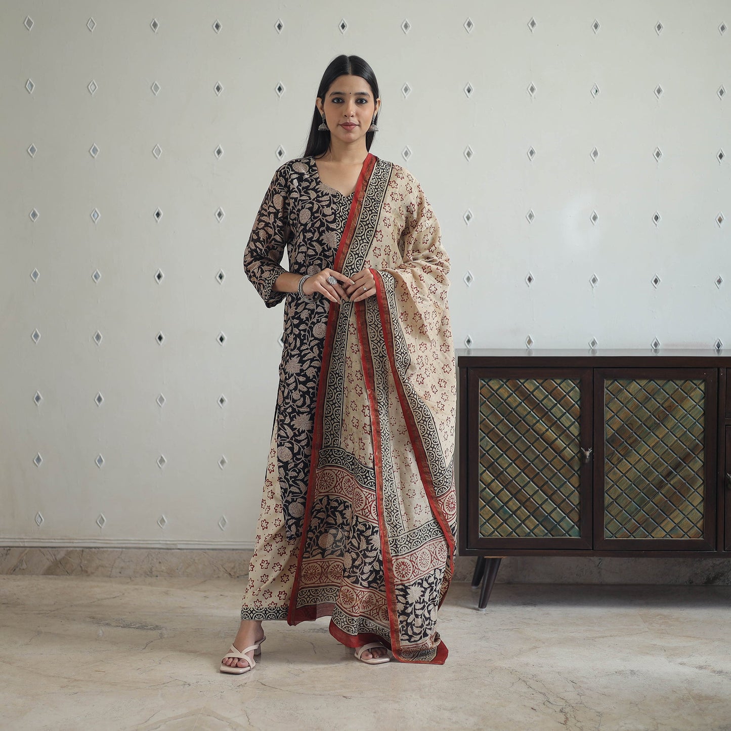 Buy Black Hand Block Bagru Print Chanderi Silk Kurta Set