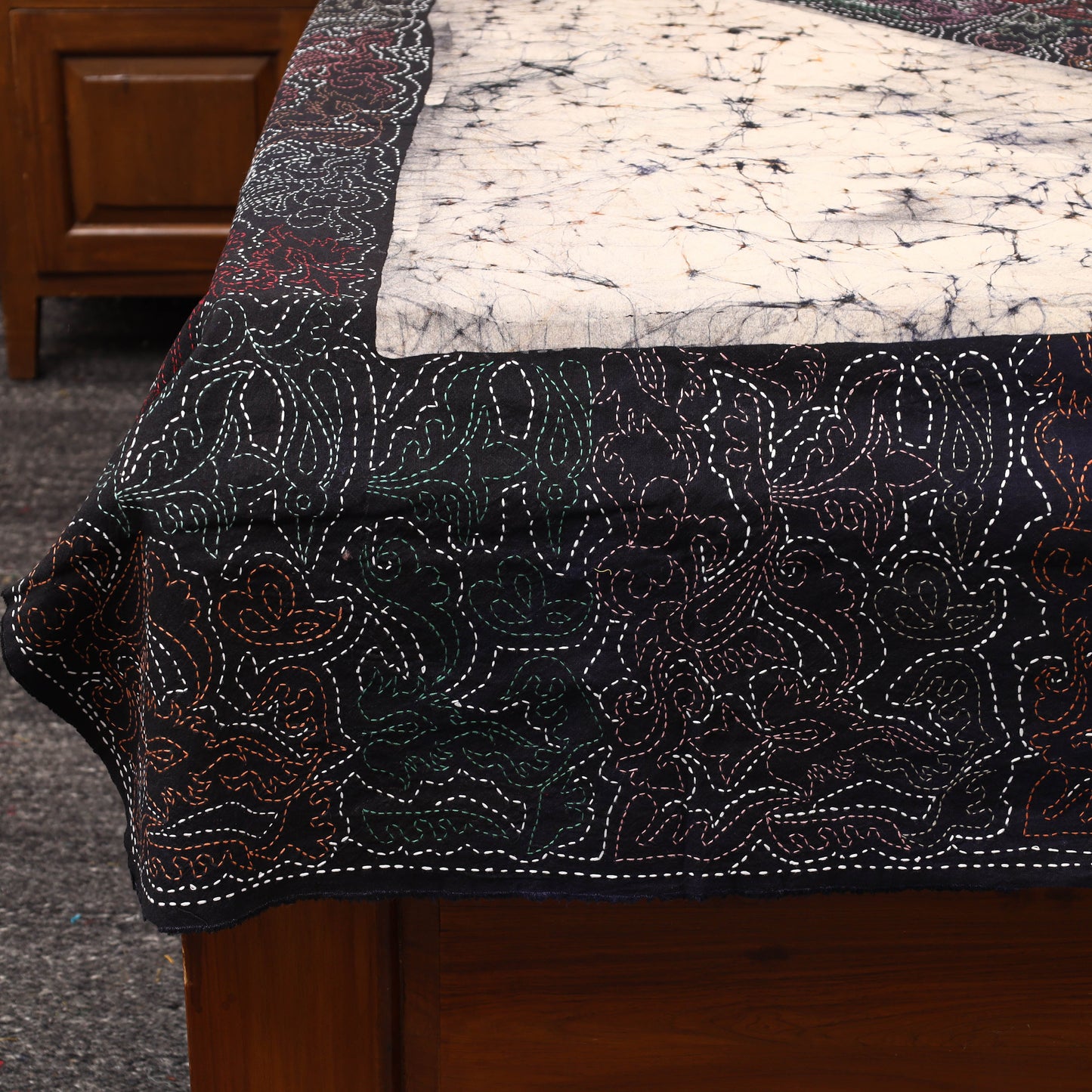 Black - Hand Batik Printed Cotton Kantha Work Bedsheet 01