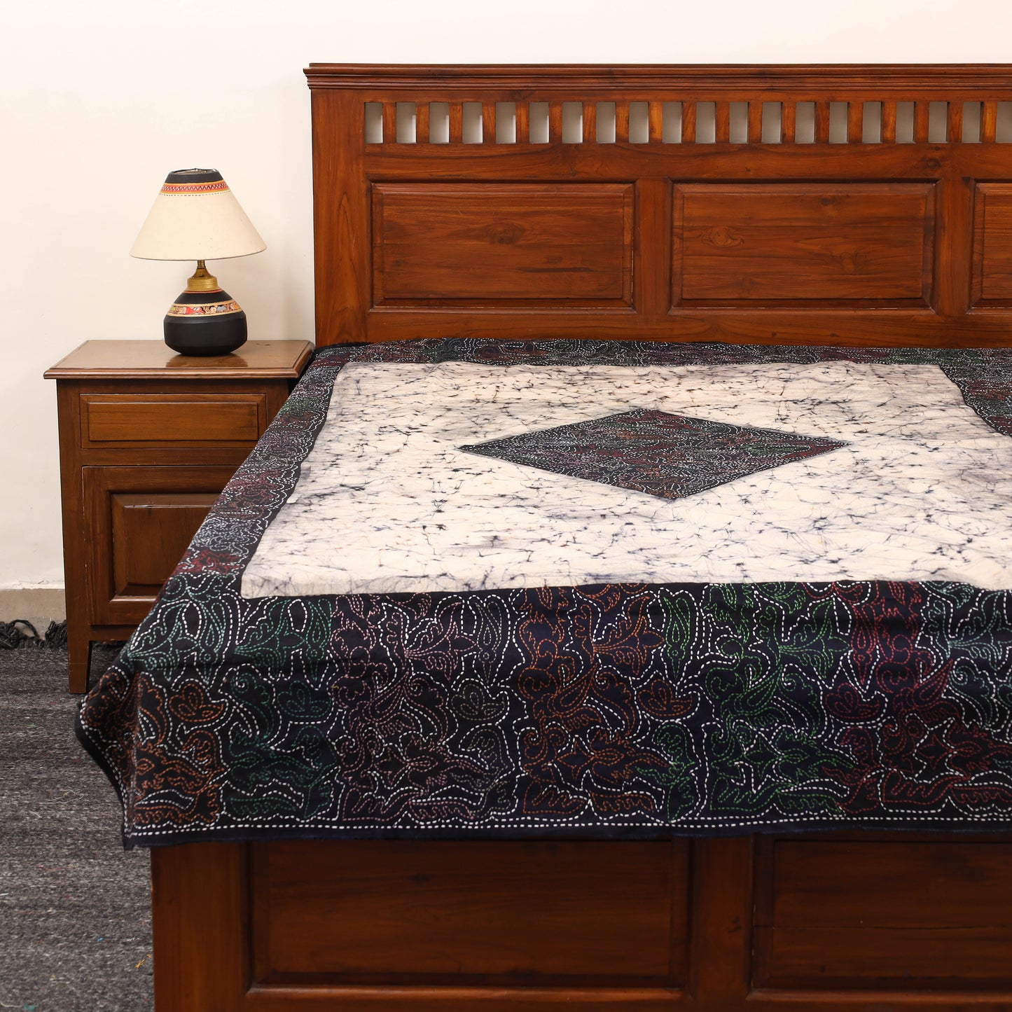 Buy Hand Batik Printed Cotton Kantha Work Bedsheet