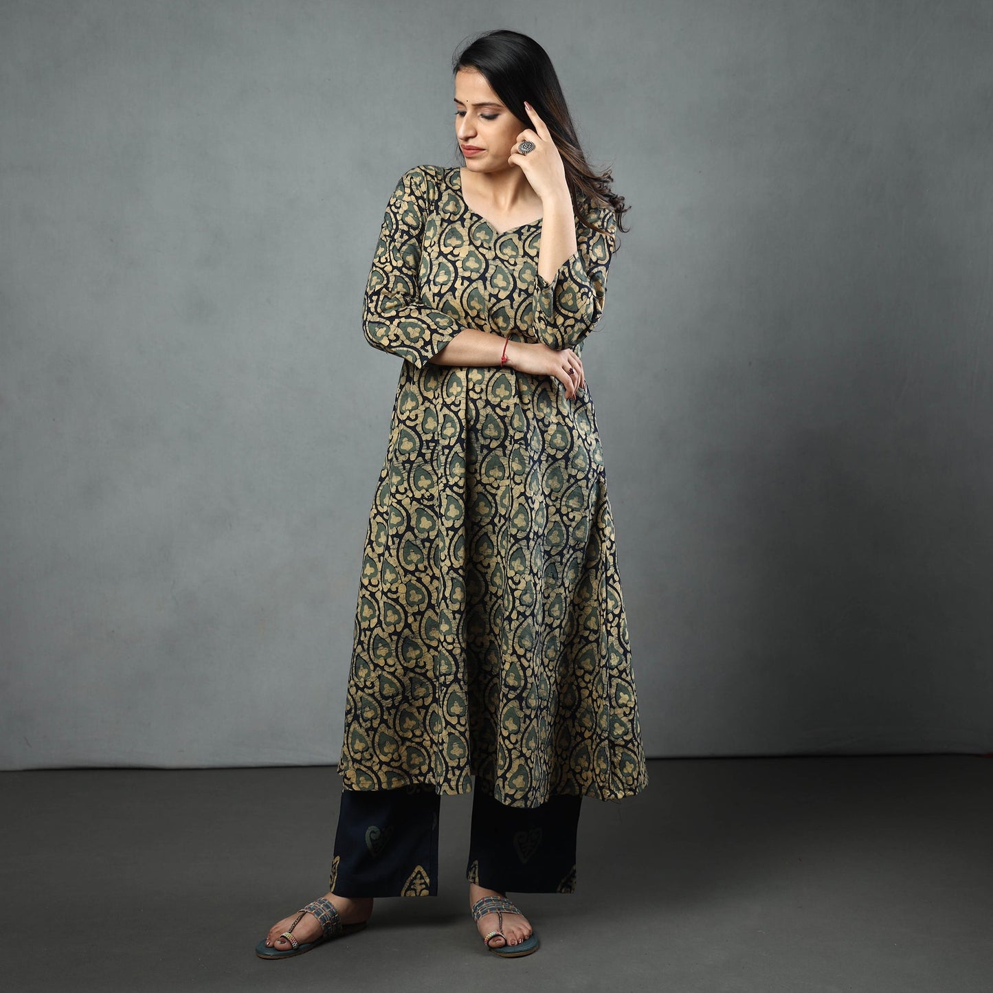 Hand Batik Printed Cotton Kurta with Palazzo & Dupatta Set