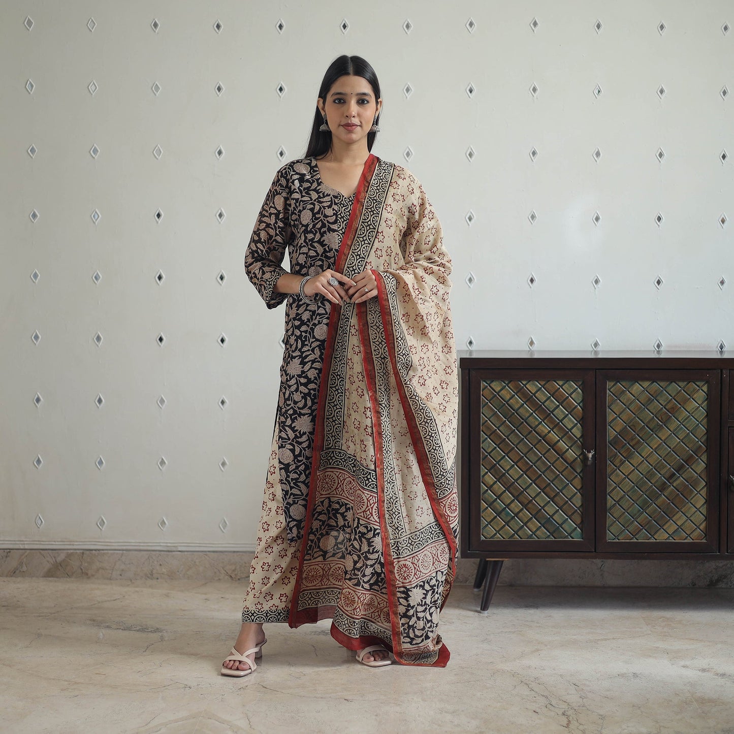 Buy Black Hand Block Bagru Print Chanderi Silk Kurta Set