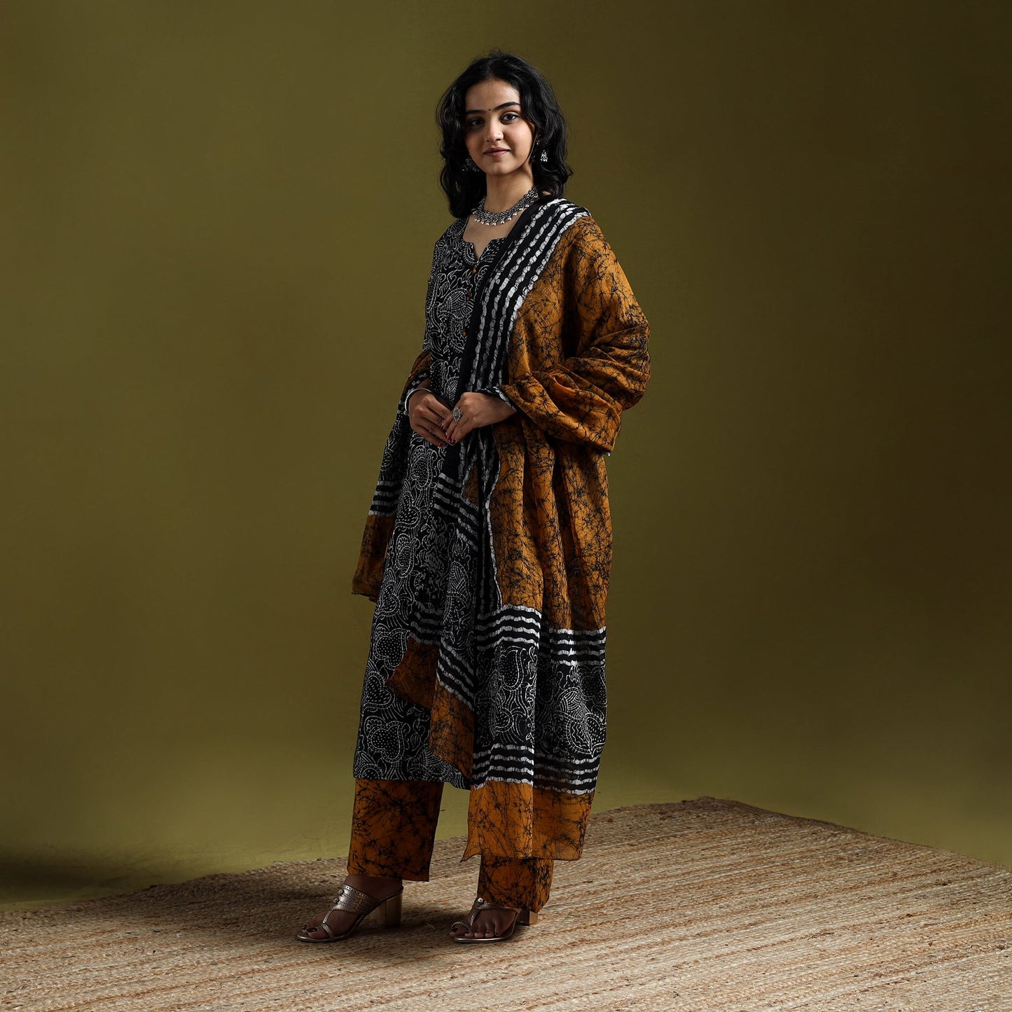 Hand block batik print cotton suit set with dupatta