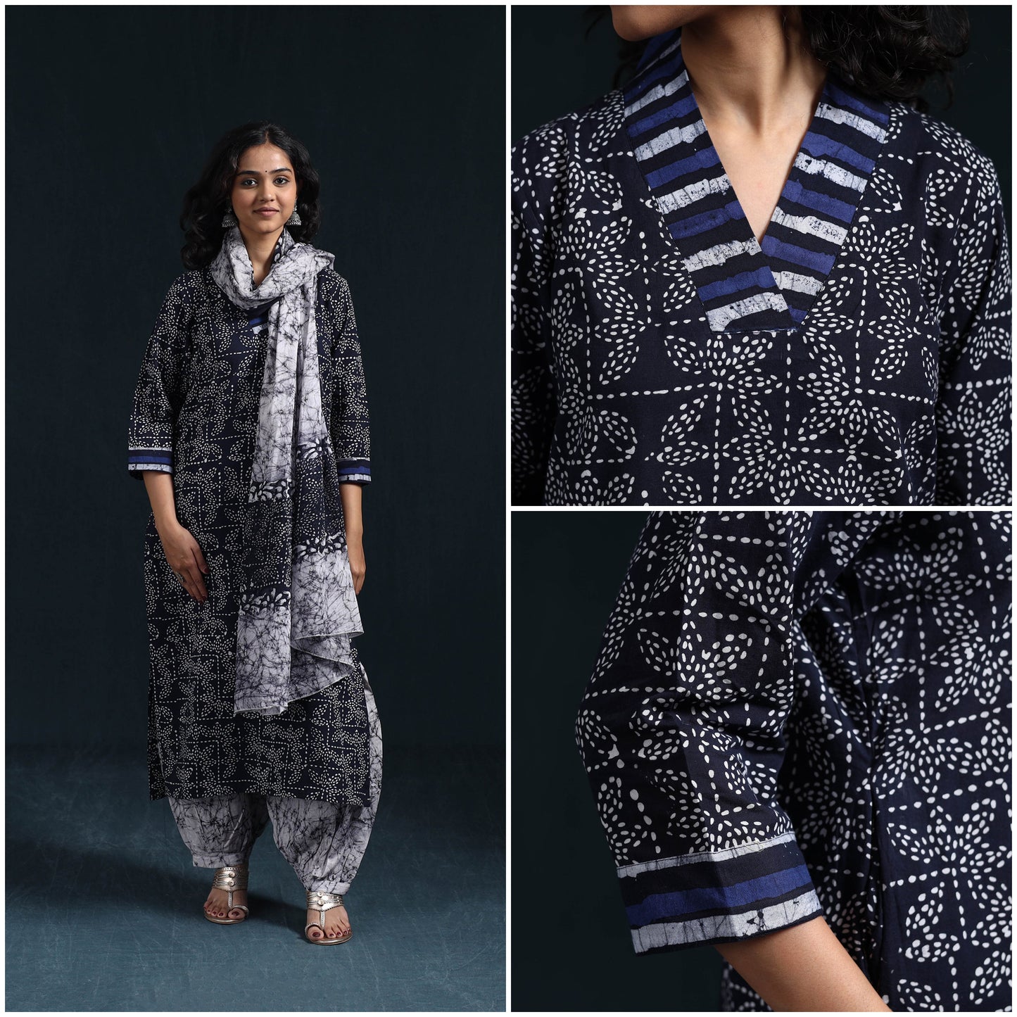 Hand batik cotton suit set with dupatta for women 12