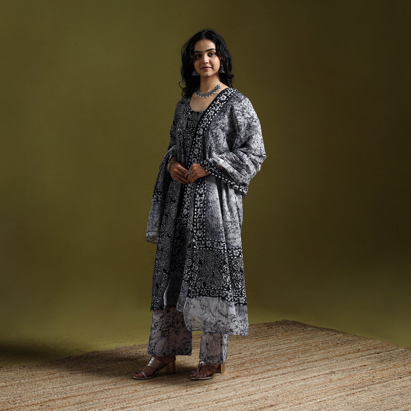 Hand block batik print cotton suit set with dupatta