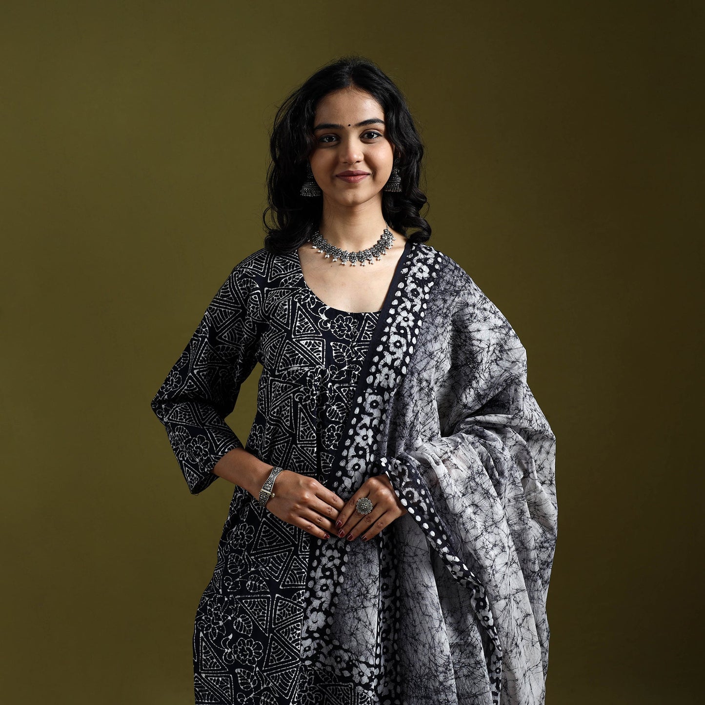 Hand block batik print cotton suit set with dupatta