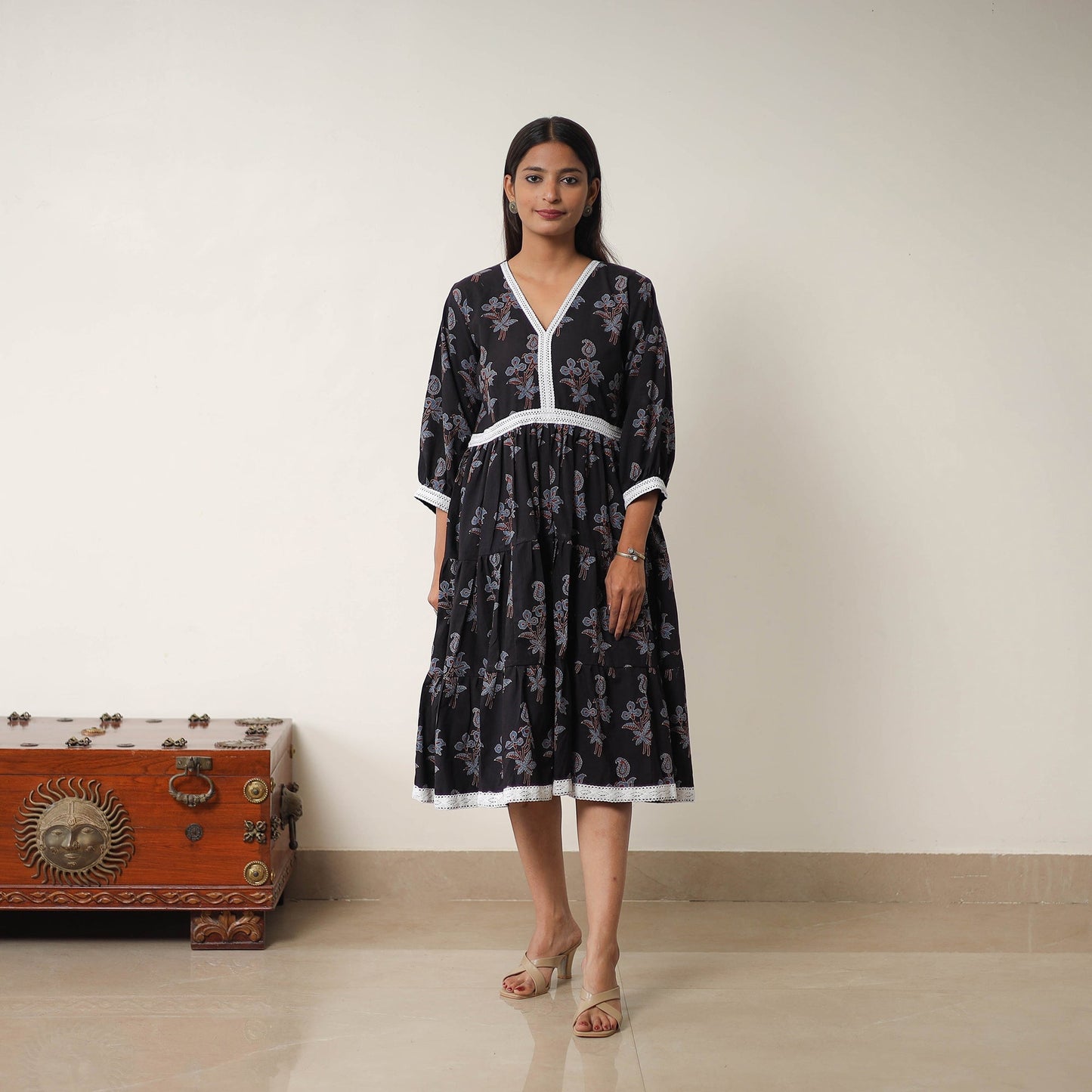 Black Hand Block Print Cotton Tiered Ajrakh Dress