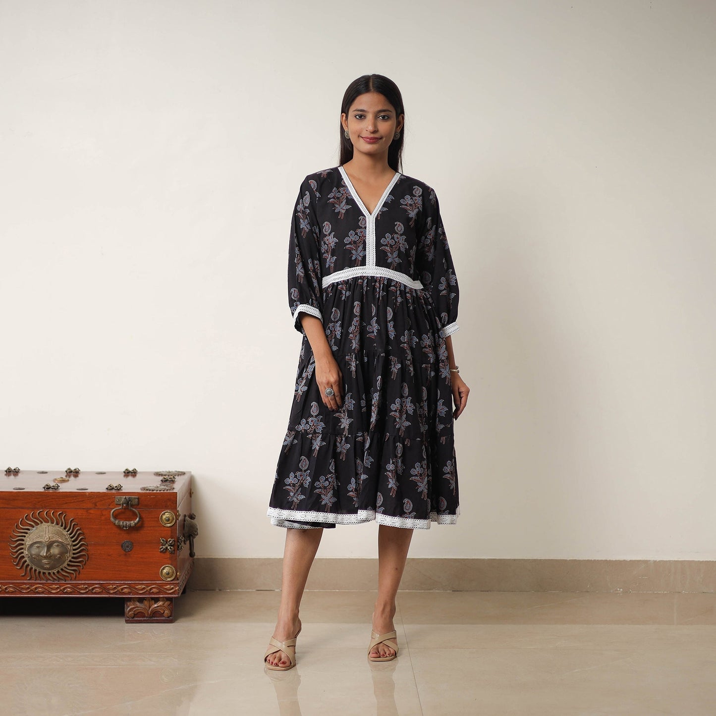 Black Hand Block Print Cotton Tiered Ajrakh Dress