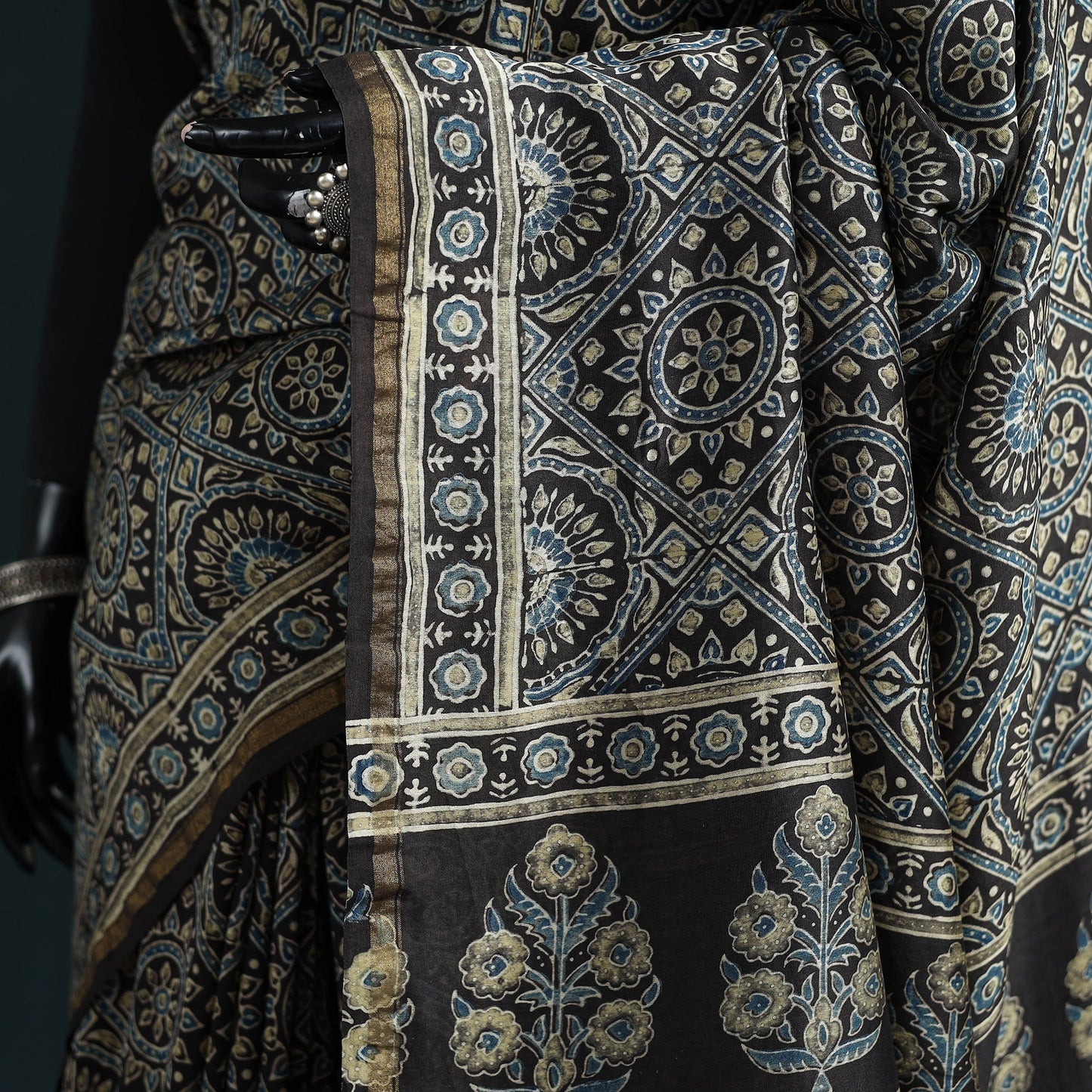 Hand block print natural dyed chanderi silk ajrakh saree 15
