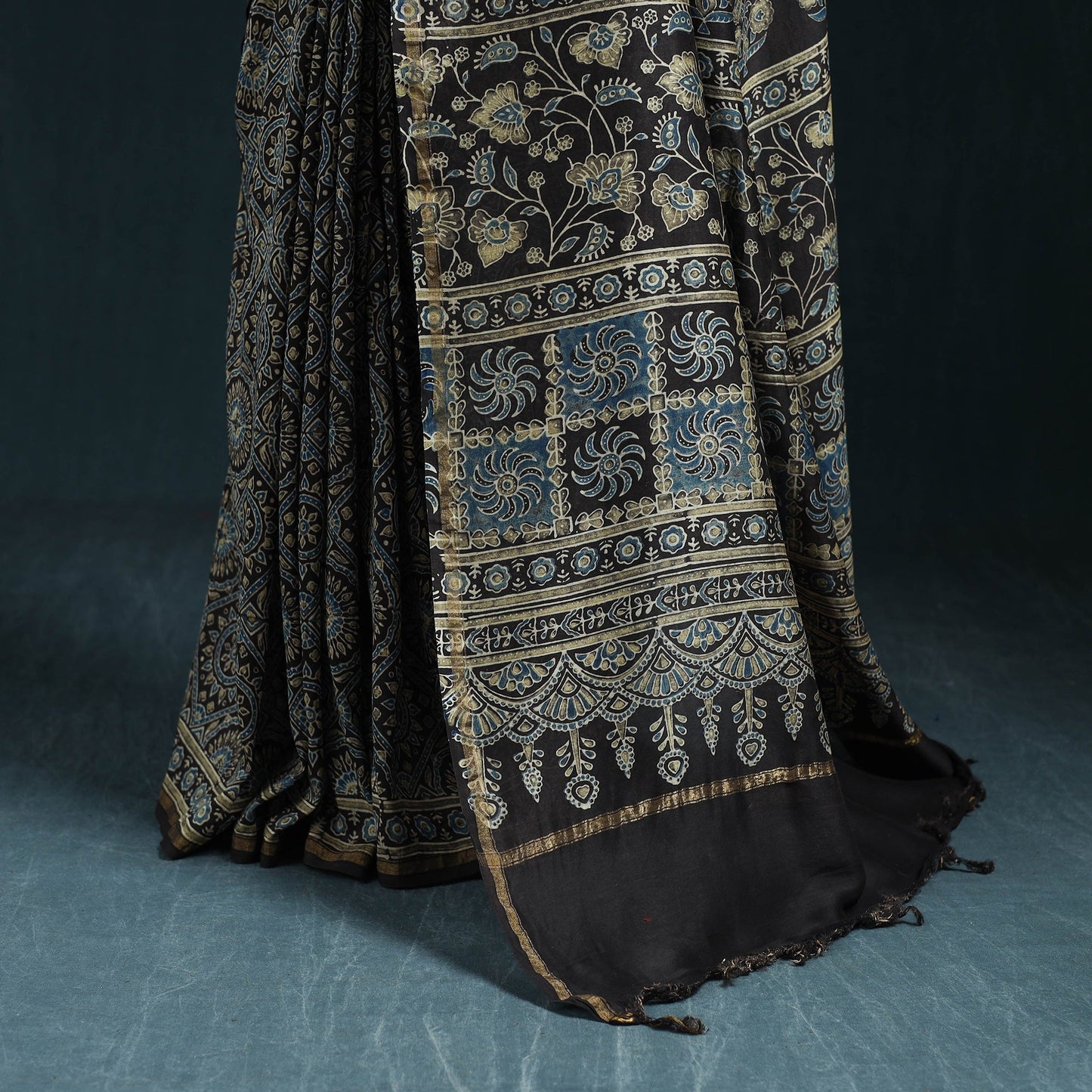 Hand block print natural dyed chanderi silk ajrakh saree 15