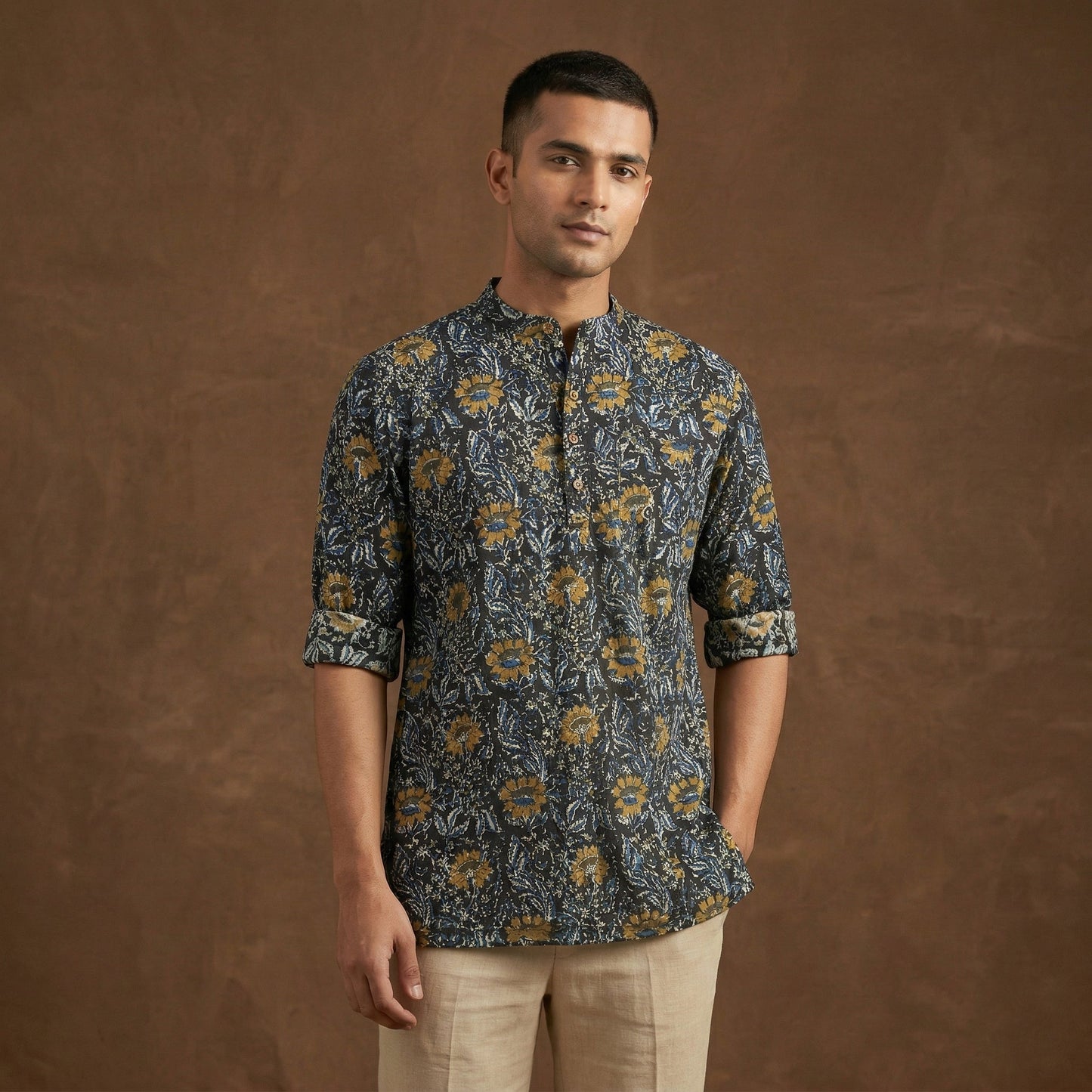 Hand block print natural dyed cotton short bagru kurta