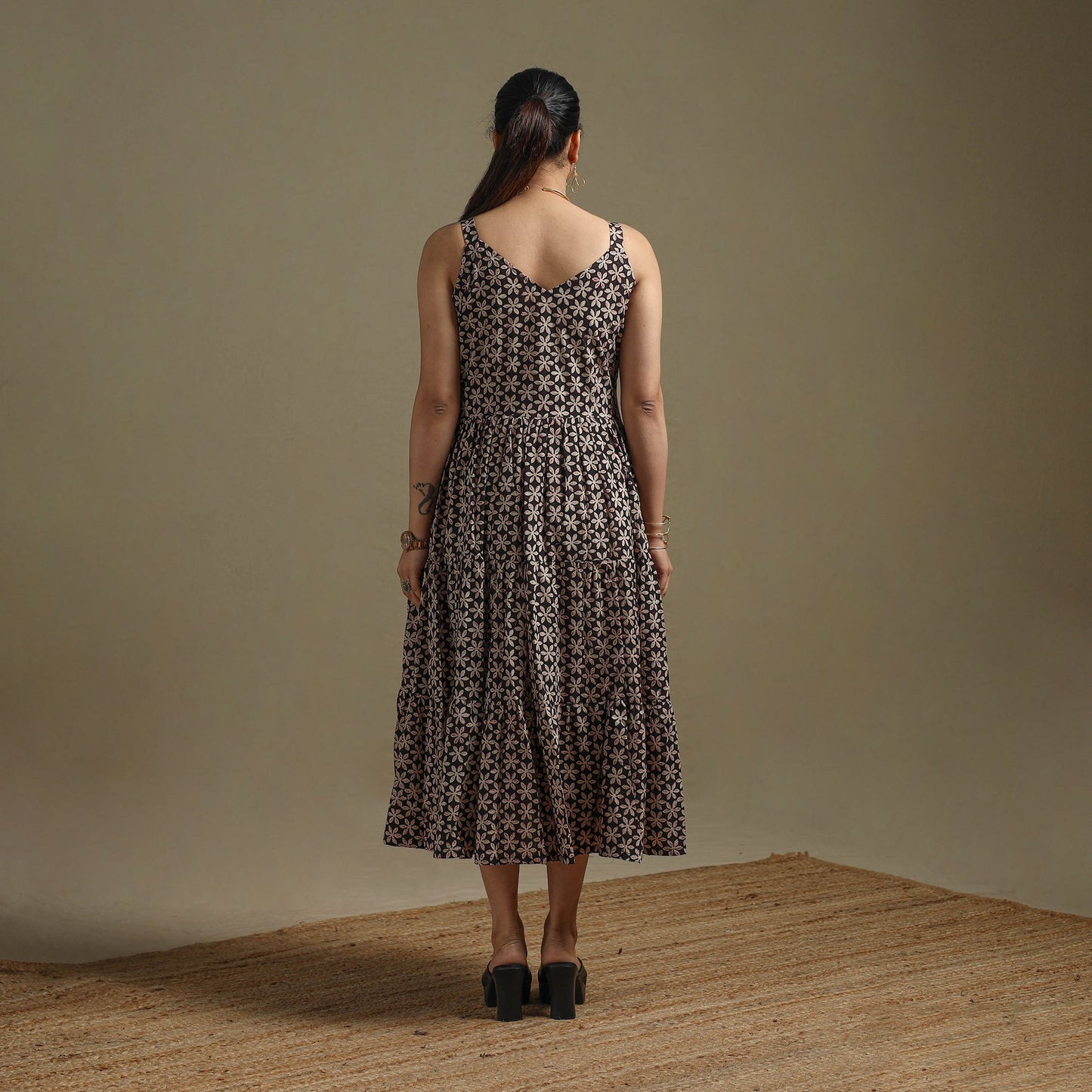 Hand natural dyed cotton tiered bagru dress 05 - handcrafted